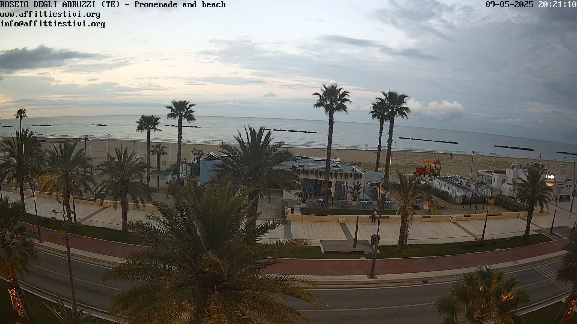 An overcast evening scene shows a beach with palm trees lining a promenade next to a road.