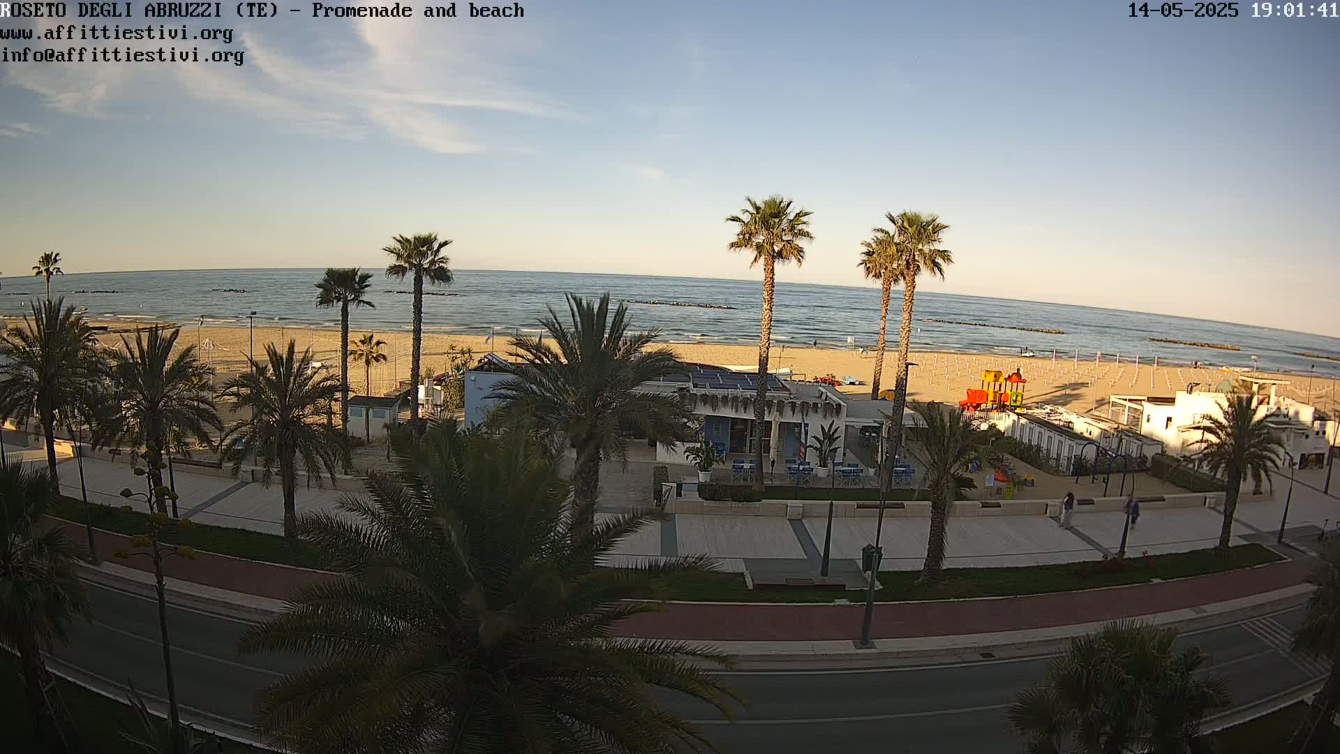 A beachfront promenade lined with palm trees overlooks a sandy beach and calm ocean under a clear, light-blue sky.