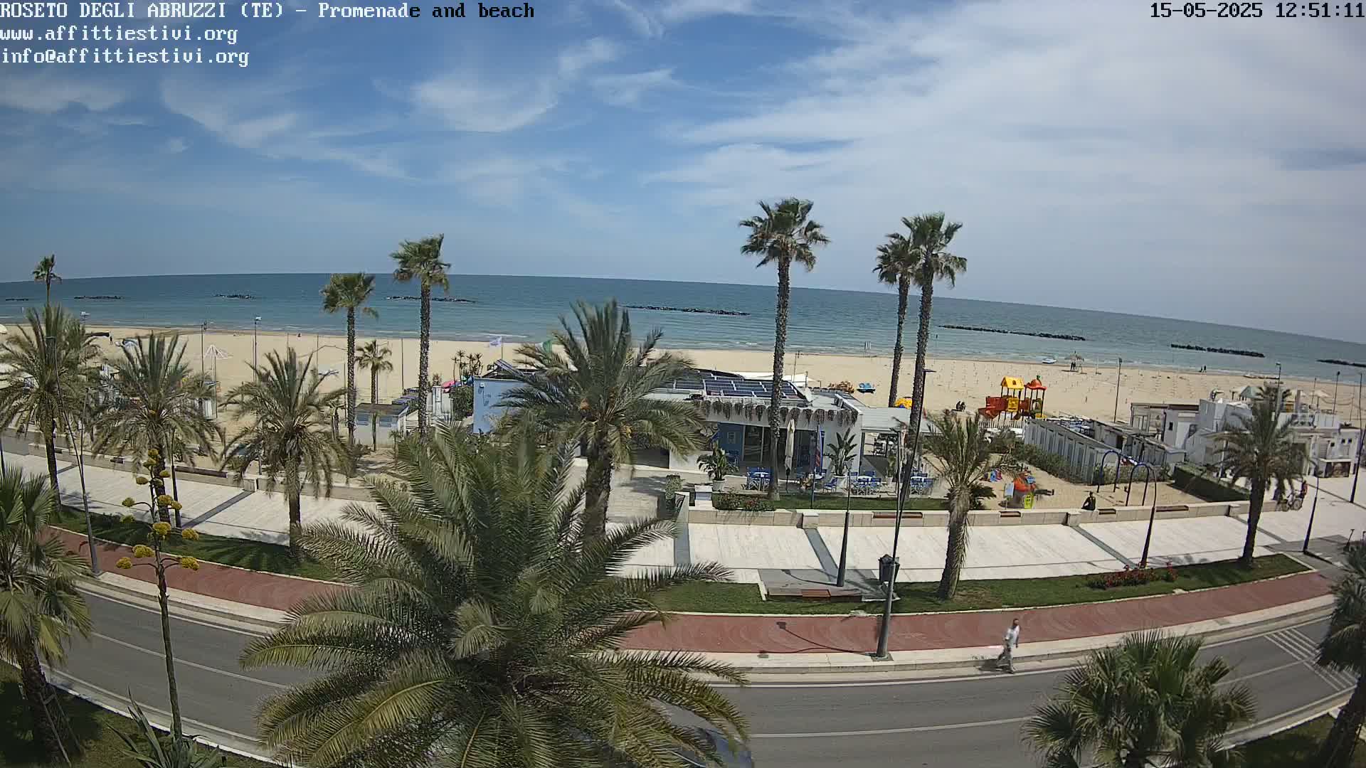 A sunny day at a beach with palm trees lining a paved promenade and a playground visible near the shore.