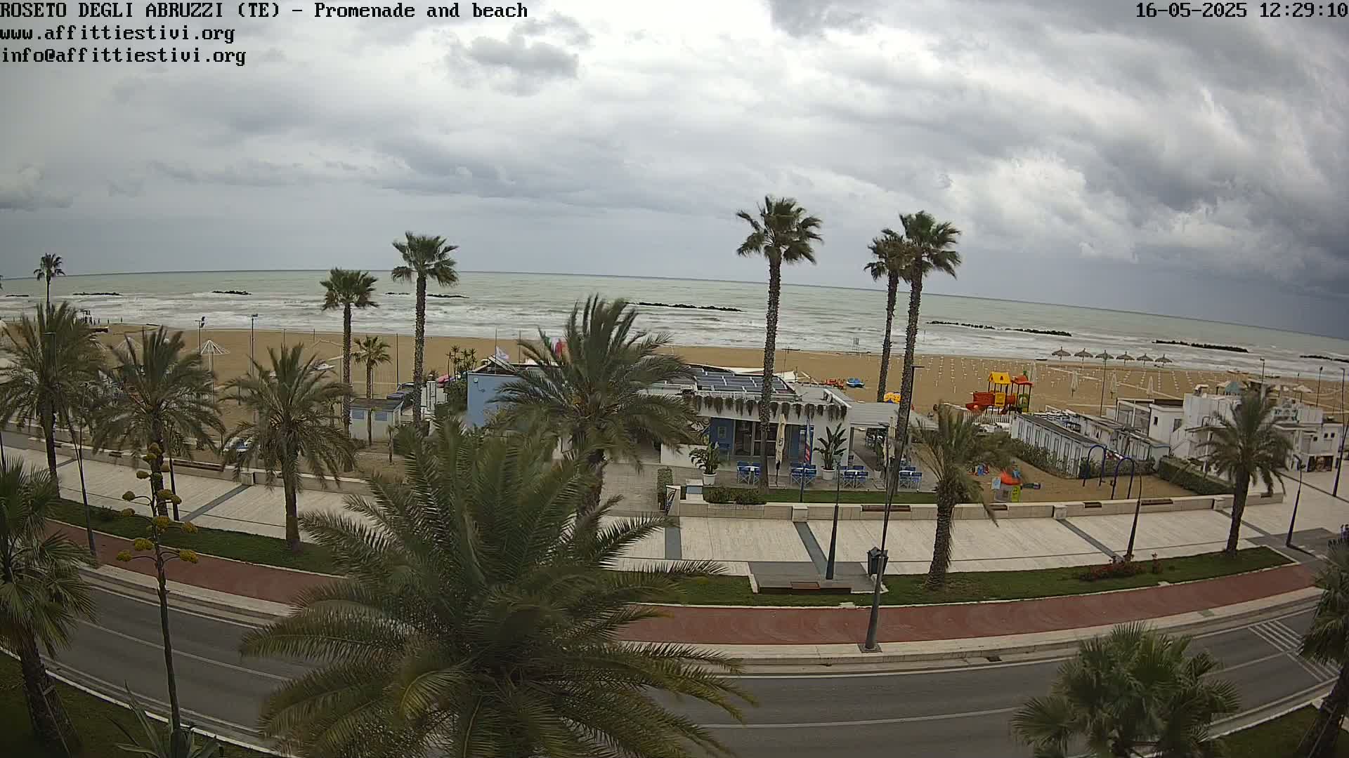 A beach with palm trees lining a paved promenade, under a cloudy sky with a somewhat choppy sea.