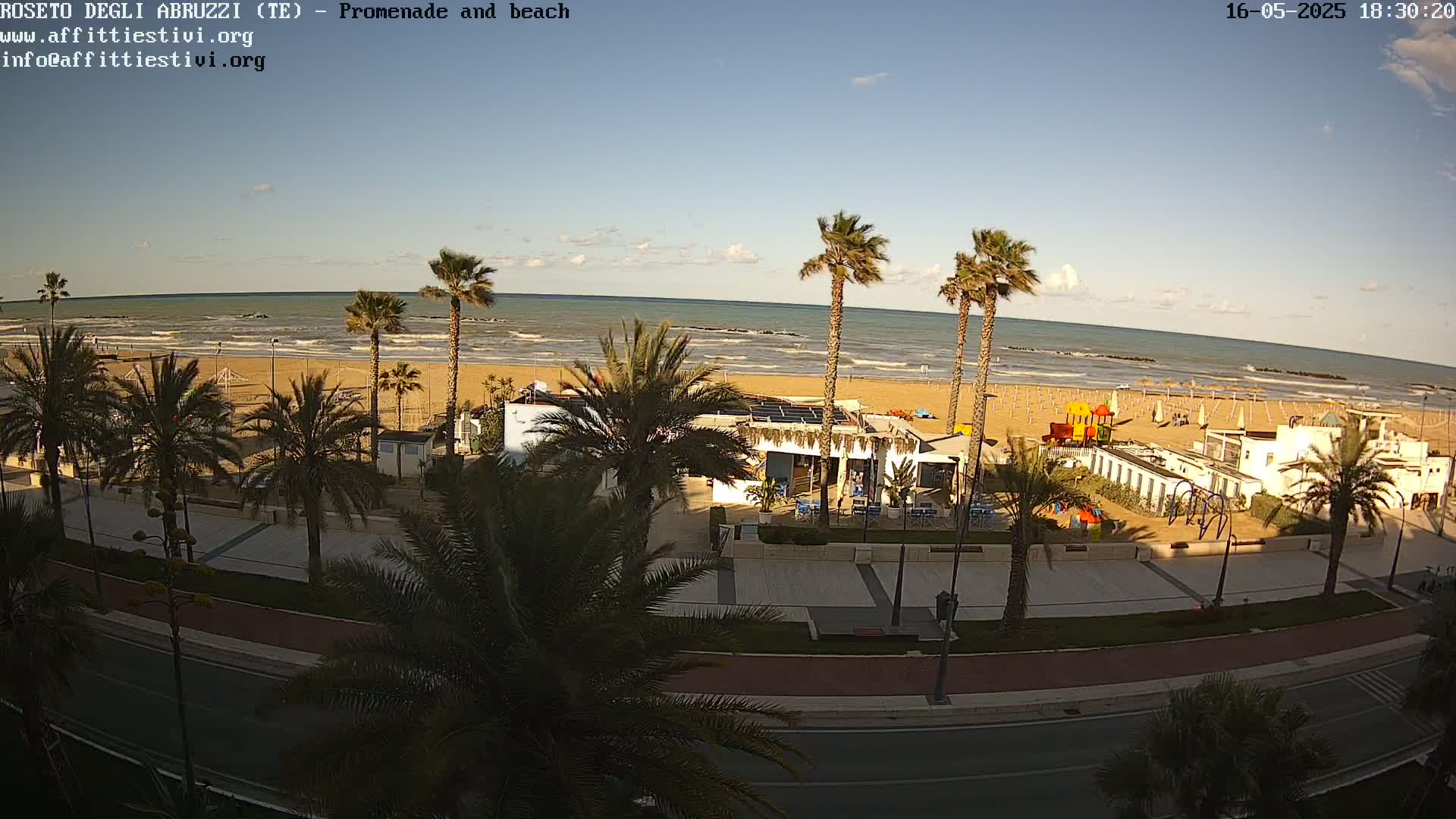 A seaside promenade with palm trees lines a road overlooking a sandy beach and calm ocean under a mostly clear sky.