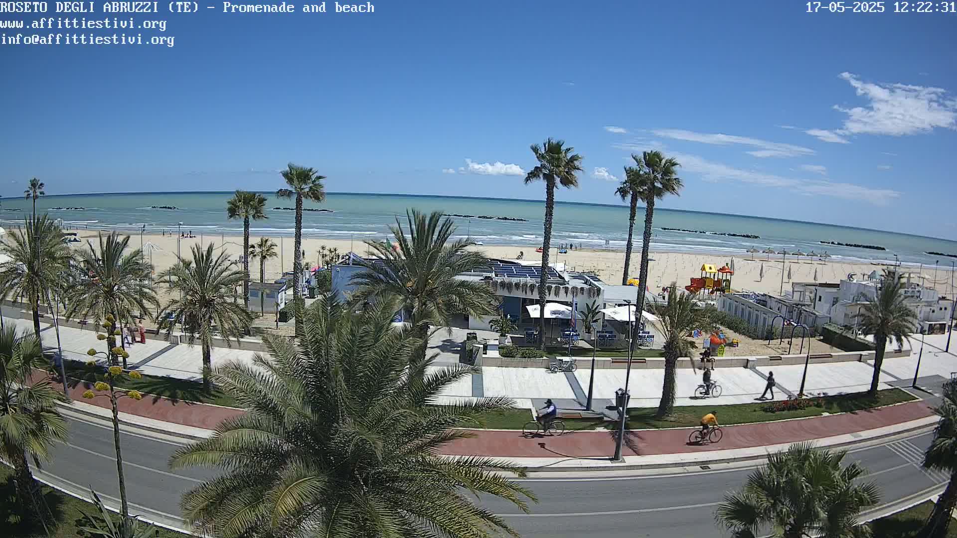 A sunny day at a beachside promenade shows palm trees lining a paved walkway next to a sandy beach with calm ocean waves.