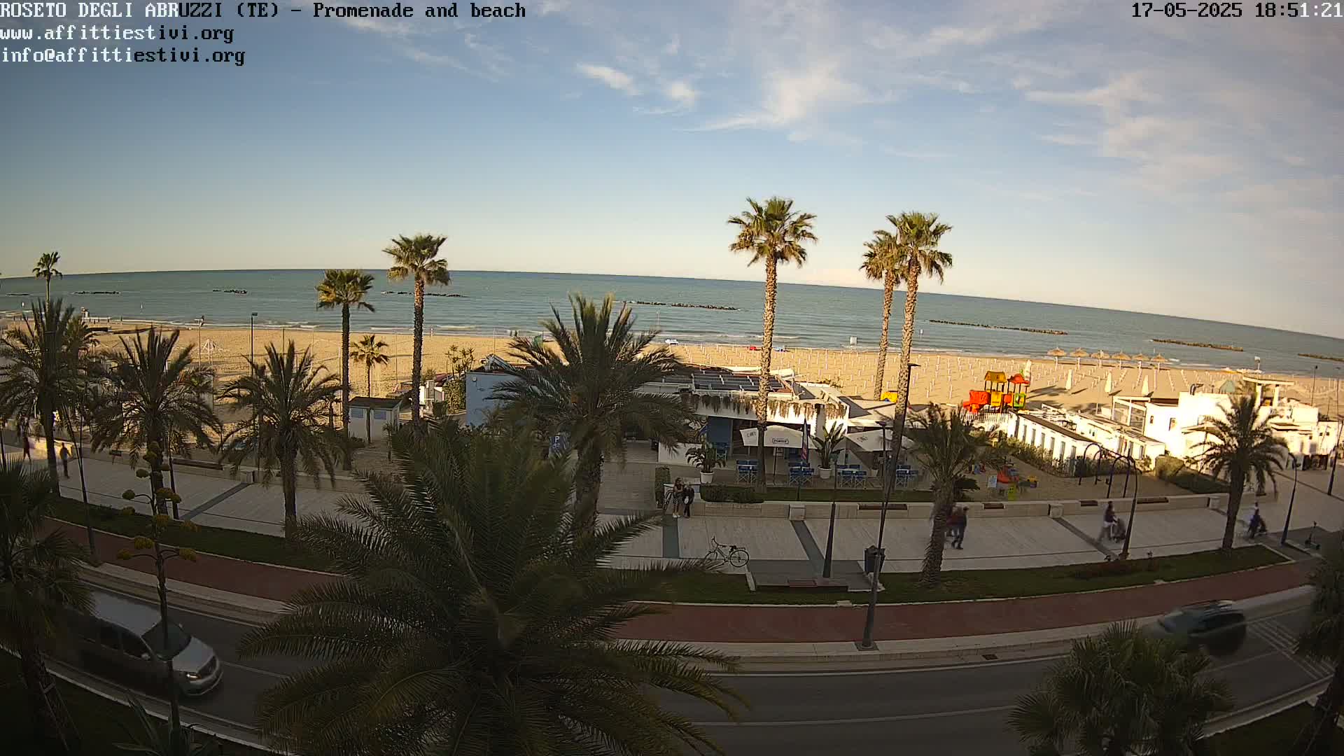 A beachfront promenade with palm trees, a sandy beach, calm ocean, and a partly sunny sky.
