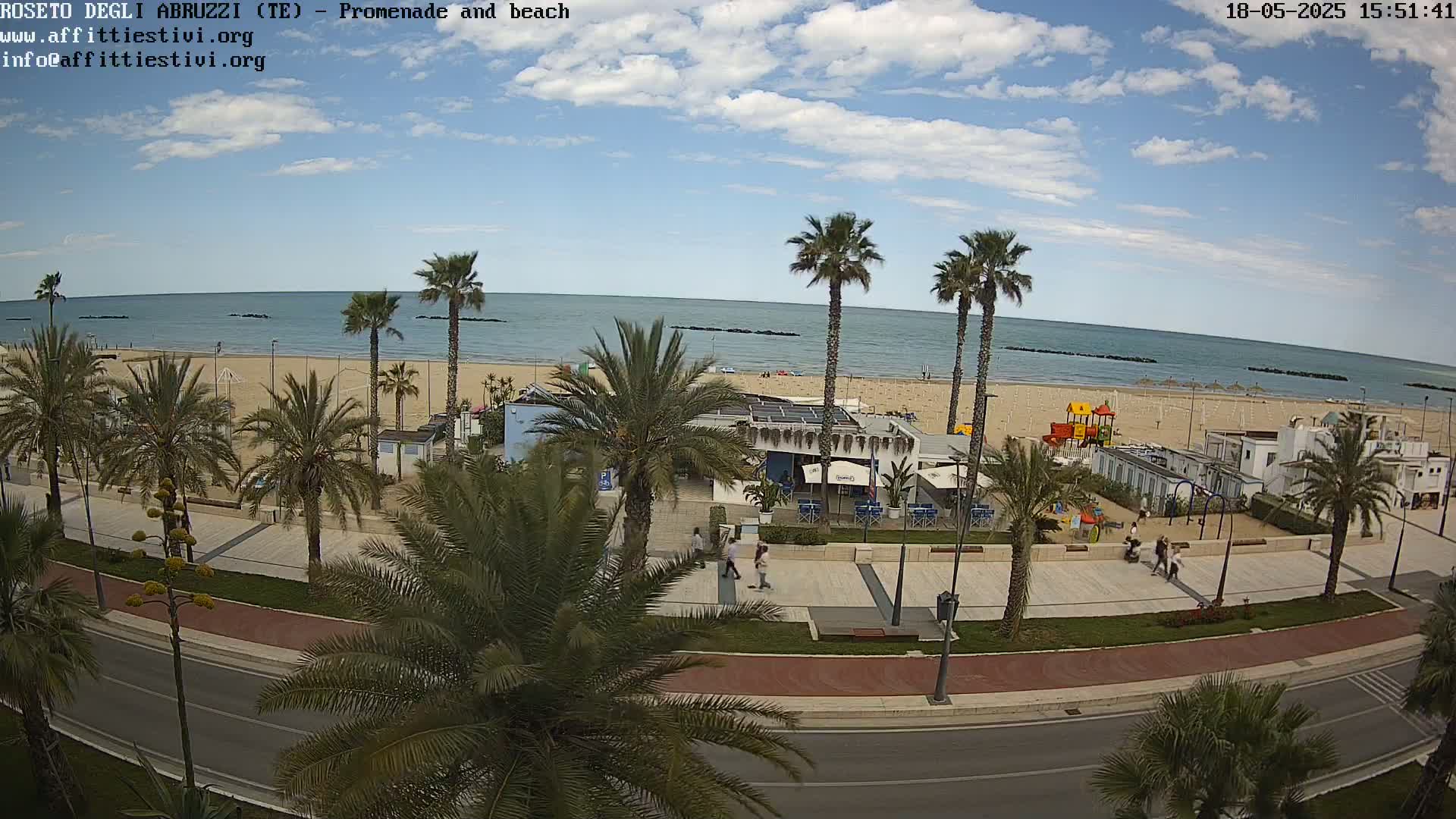 A beach with a promenade lined with palm trees, under a partly cloudy sky.