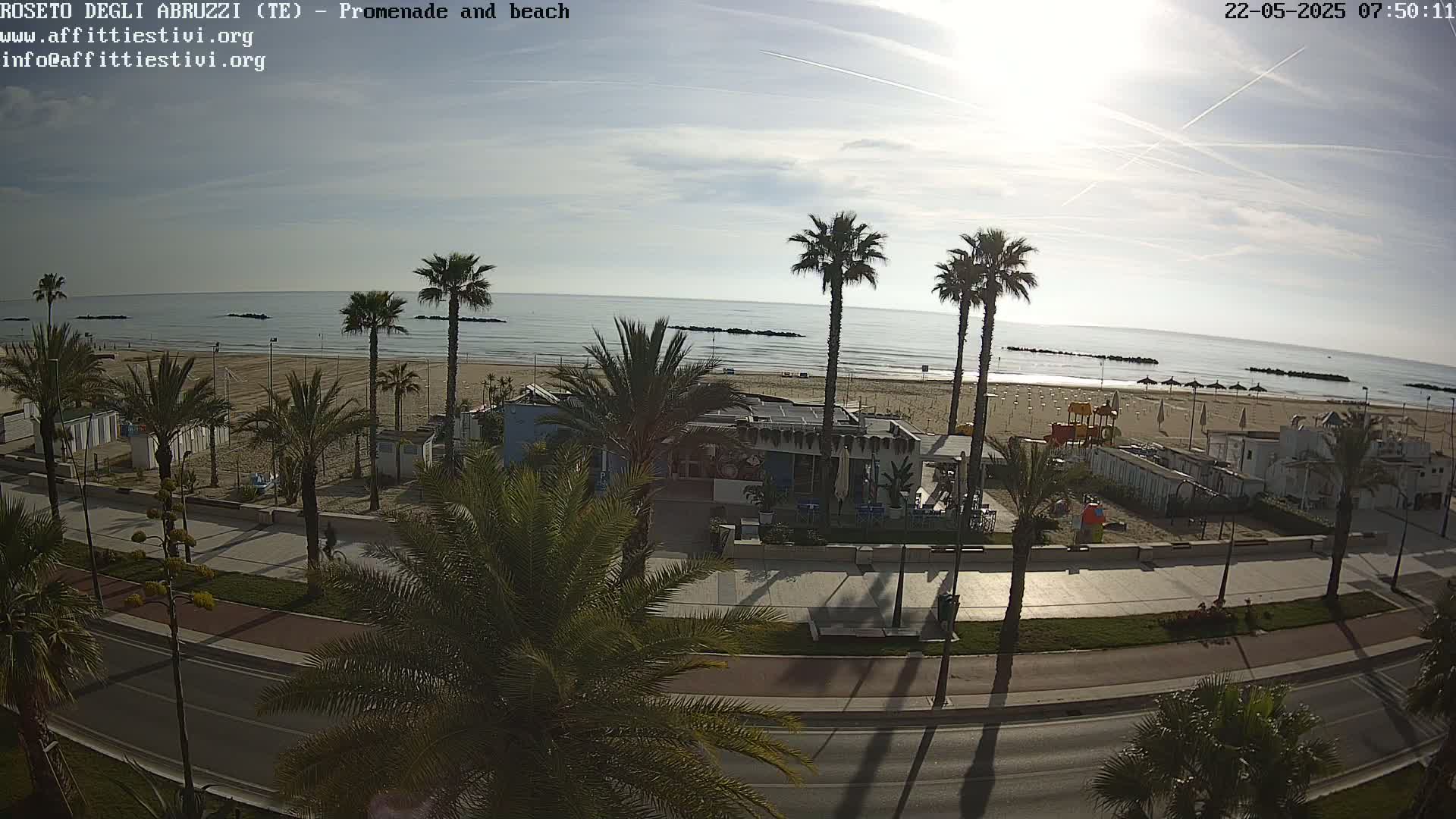 A beachfront promenade with palm trees, a beach with some beach umbrellas and a playground, and a calm ocean under a mostly sunny sky.