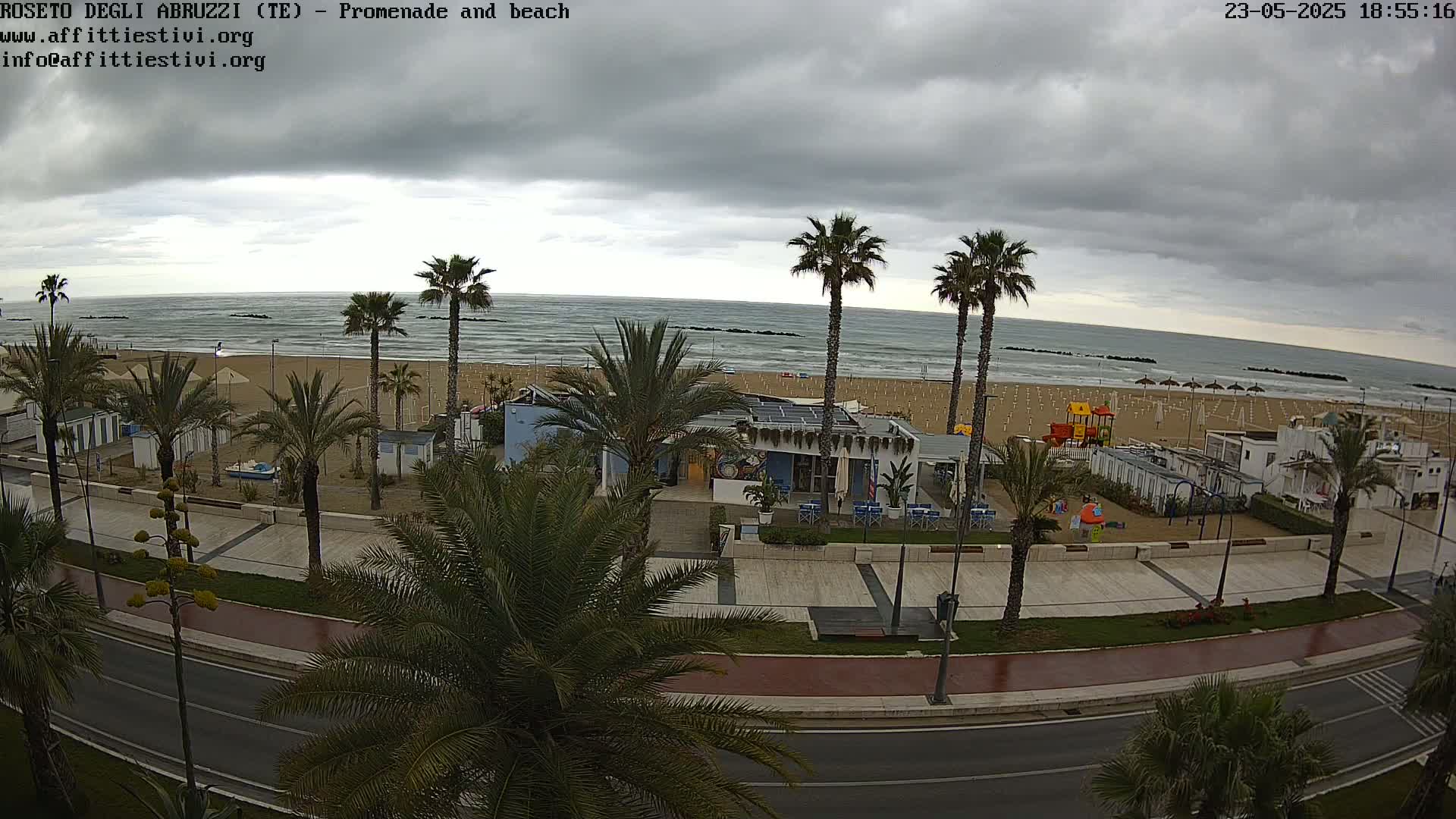 A beach with overcast skies, palm trees lining a paved promenade next to a sandy shore and ocean with waves.