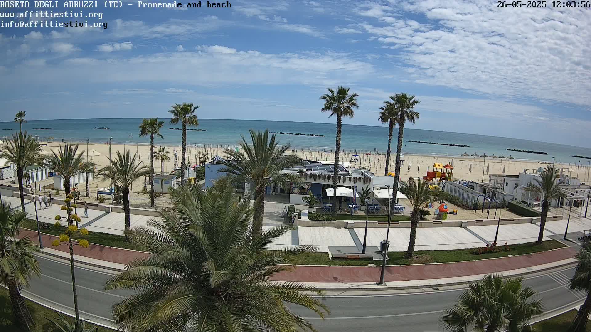 A sunny day at a beach with a promenade lined with palm trees, beach umbrellas, and buildings.