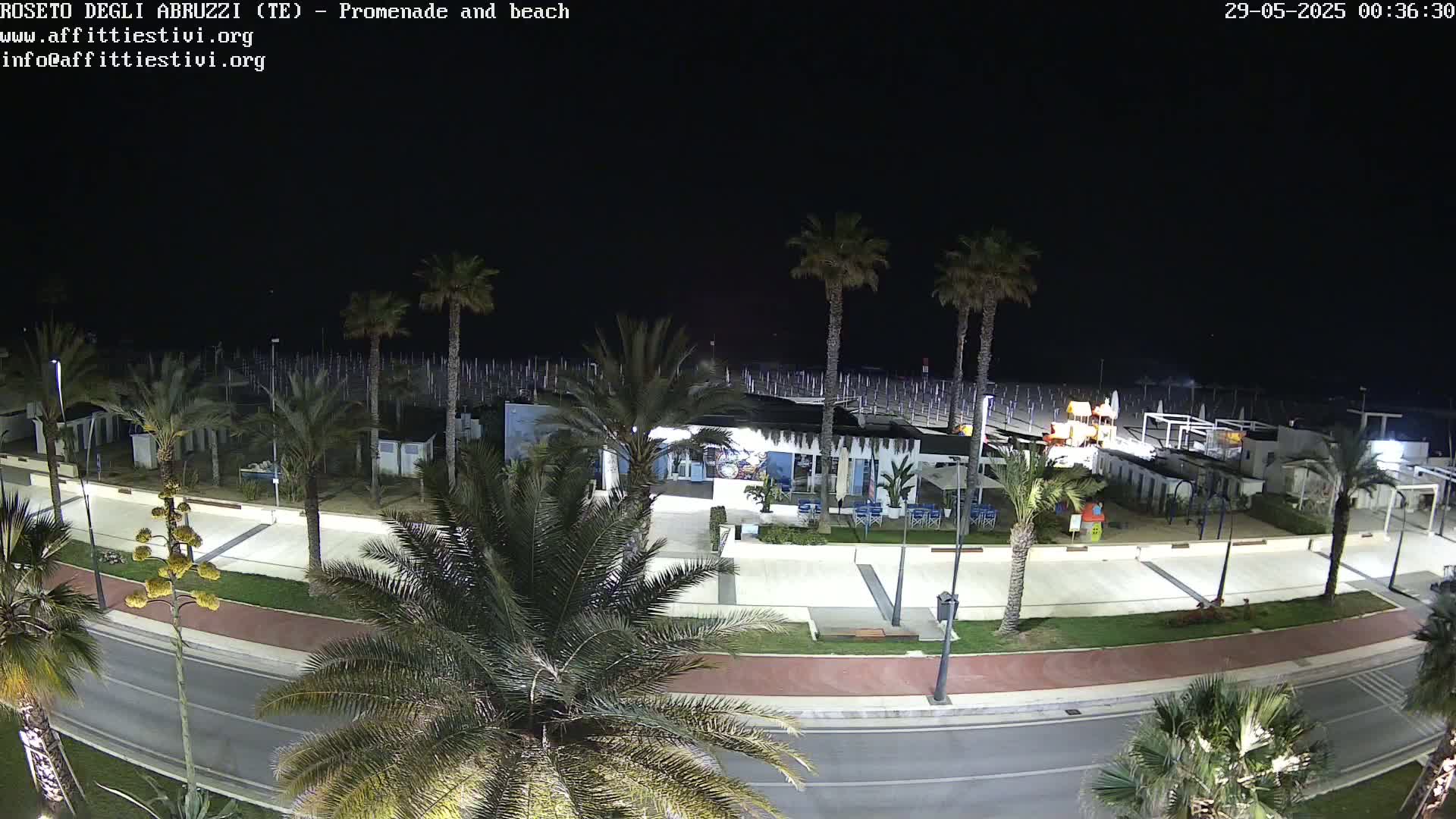 A nighttime, overhead view of a beach promenade with palm trees lining a road next to a beach with beach umbrellas and small buildings.