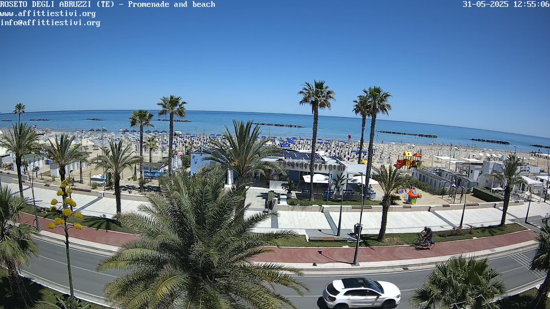 A sunny day at a beachside promenade shows a sandy beach lined with umbrellas and beach chairs, palm trees, a paved walkway, and a road with a car.