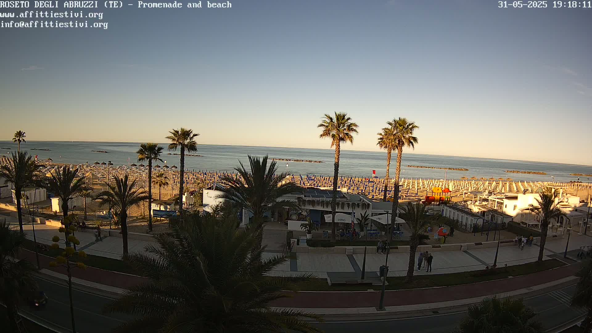 A beach with numerous umbrellas and palm trees lining a promenade overlooks a calm sea under a clear, twilight sky.