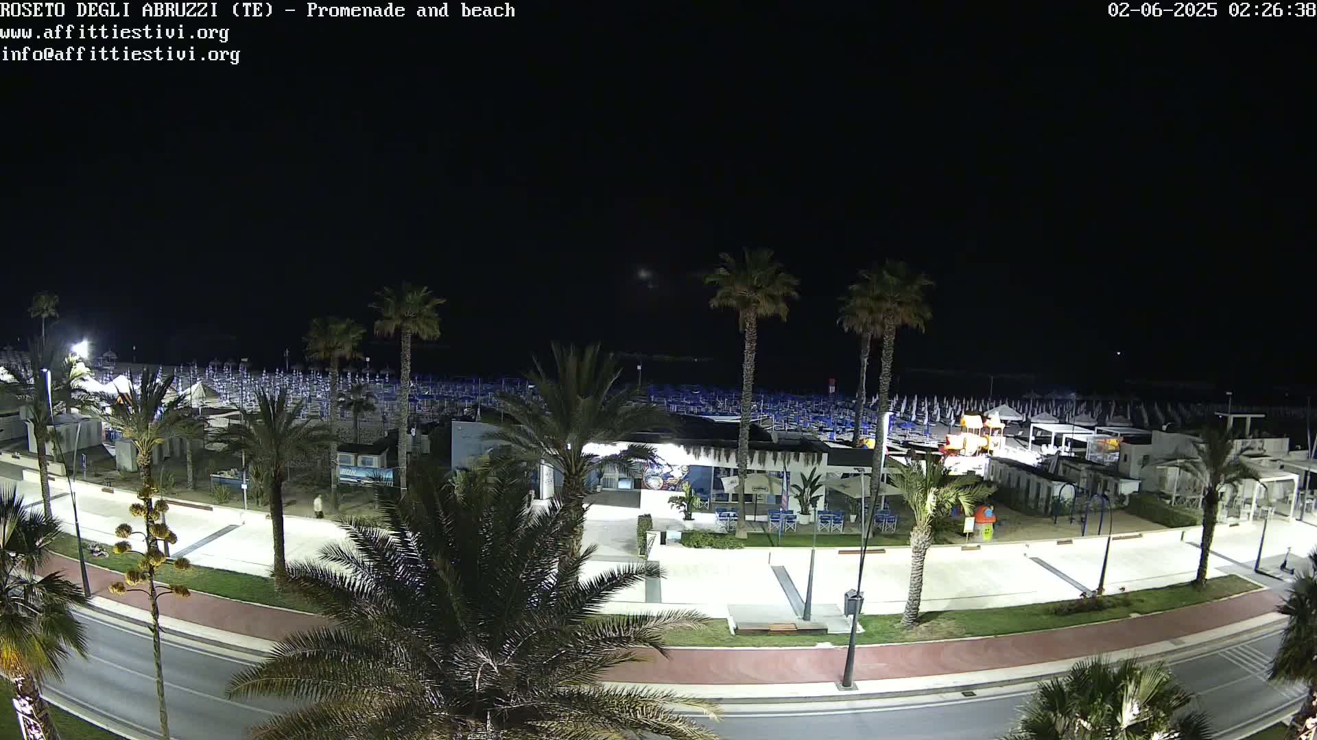 A nighttime aerial view shows a beach with rows of closed beach umbrellas and chairs, a promenade with palm trees and buildings, and a road.