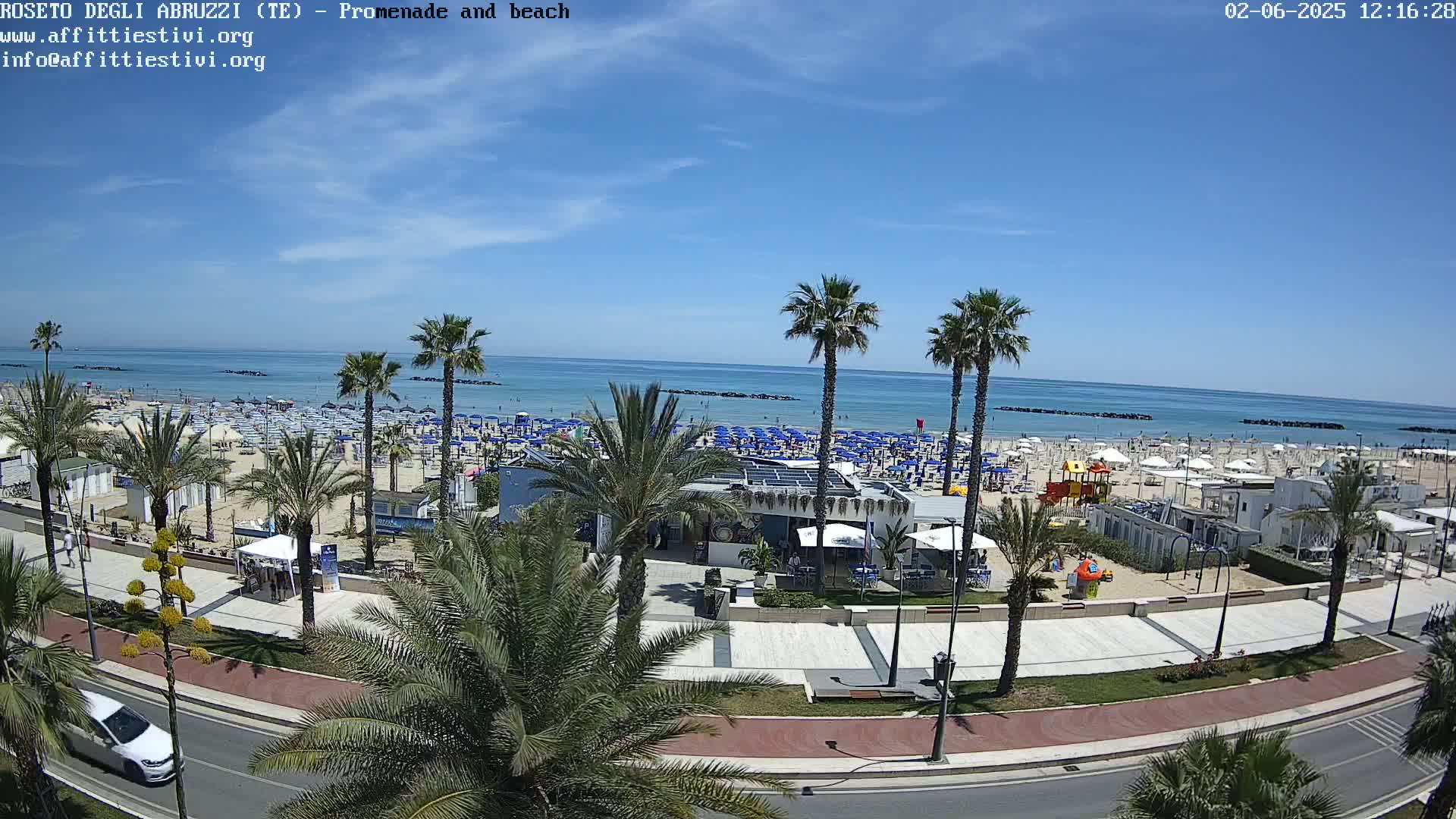 A sunny day at a beach shows a crowded sandy shore lined with numerous blue umbrellas, palm trees, and beachfront buildings, all viewed from a high vantage point overlooking a seaside promenade.