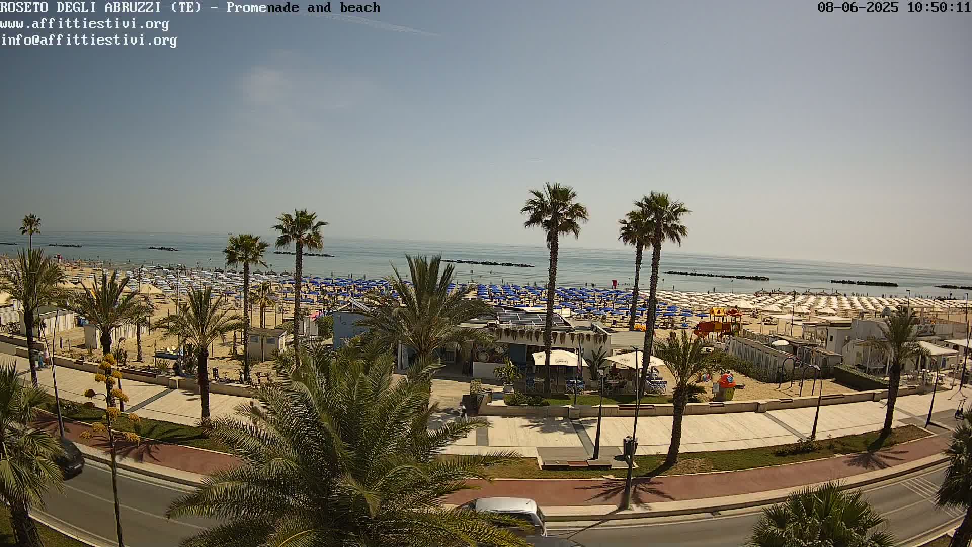 A sunny beach scene shows numerous blue and white umbrellas lining a sandy beach, palm trees along a paved promenade, and a calm ocean in the background.