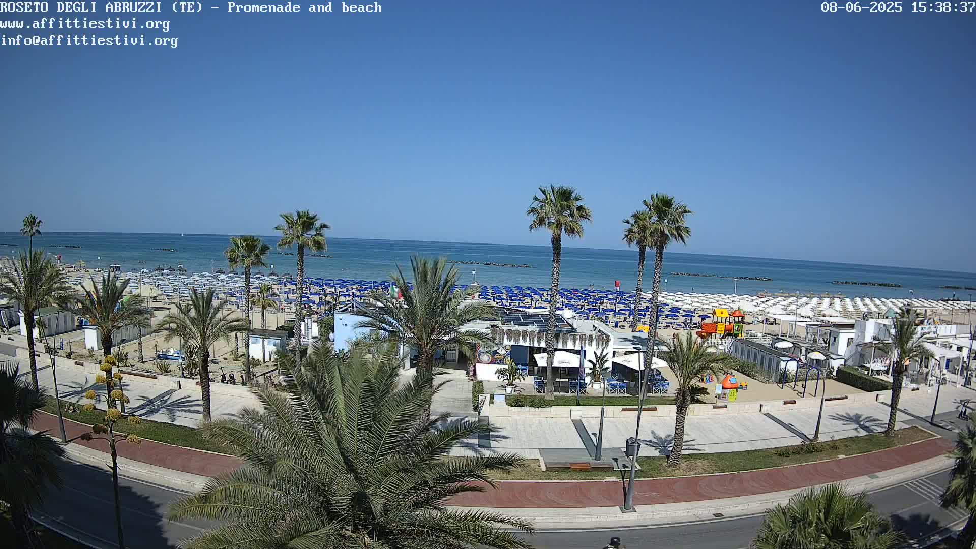 A sunny day at a beach with numerous umbrellas, palm trees lining a promenade, and a beachfront establishment.
