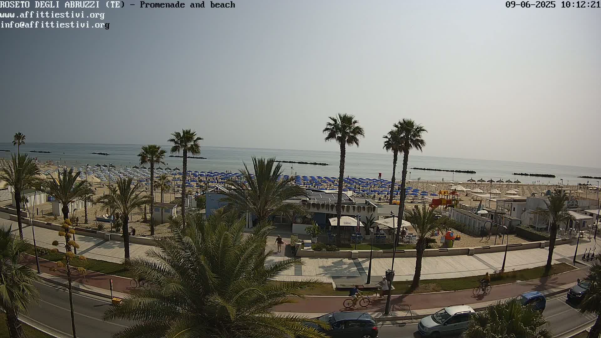 A beach with numerous blue umbrellas and palm trees lining a promenade, under a hazy sunny sky.