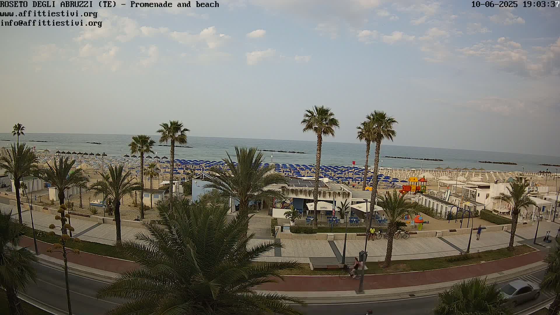 A beach with numerous blue umbrellas and palm trees lining a paved promenade next to a calm ocean under a partly cloudy sky.