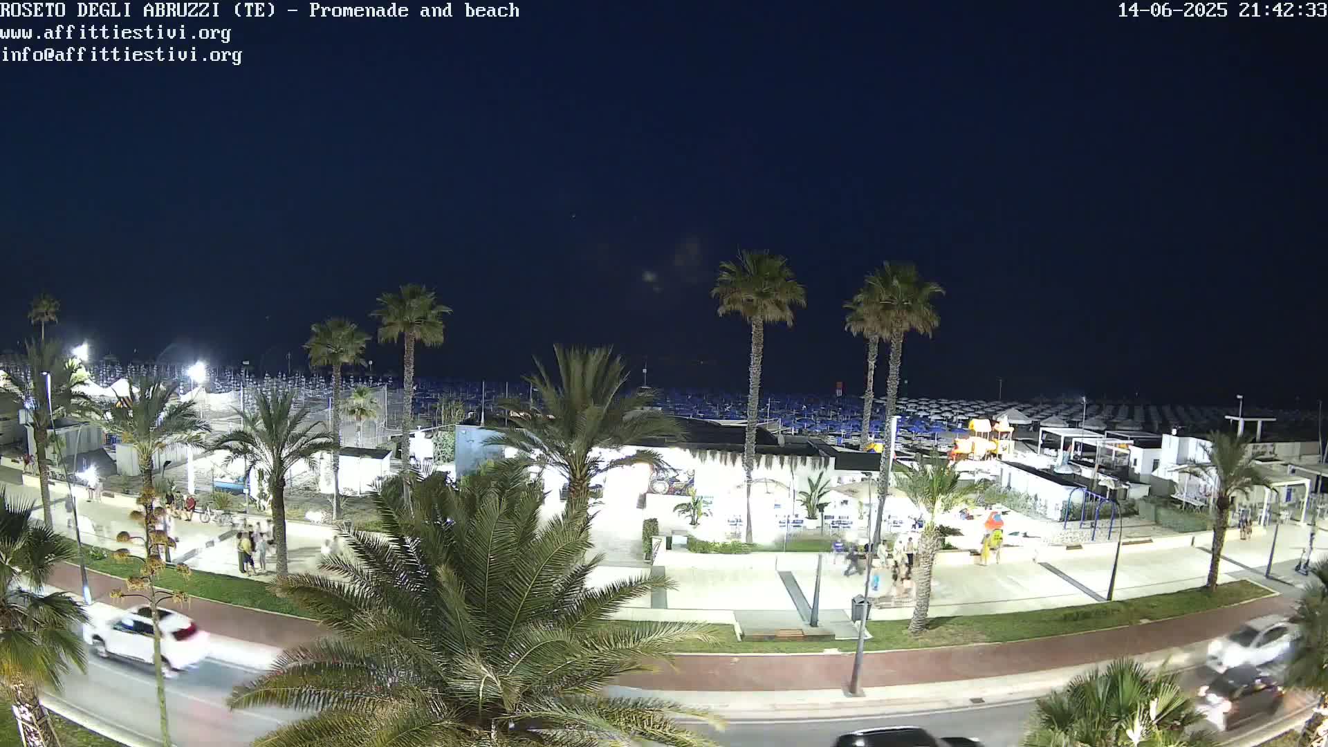 A sunny beach scene with numerous blue and white beach umbrellas, palm trees lining a promenade, and a calm ocean in the background.