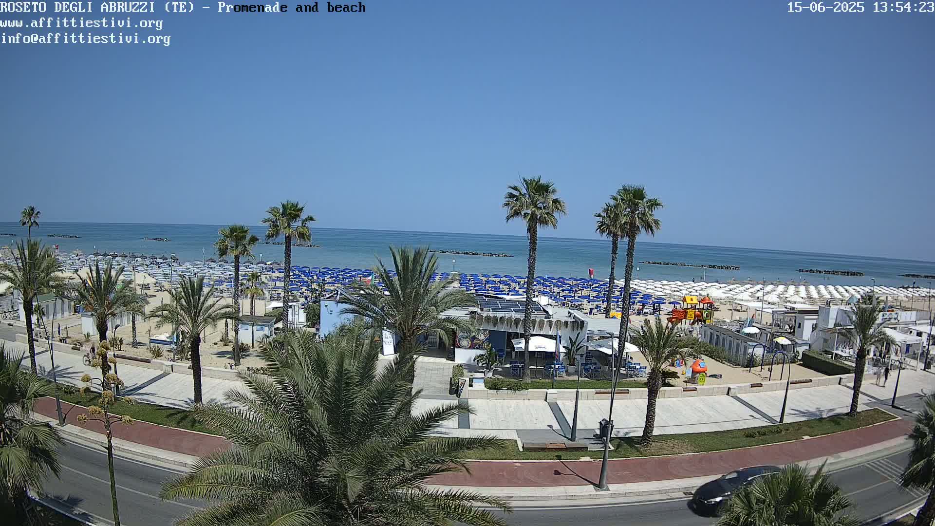 A beach with numerous blue and white umbrellas, palm trees lining a paved promenade, and a clear blue sky.