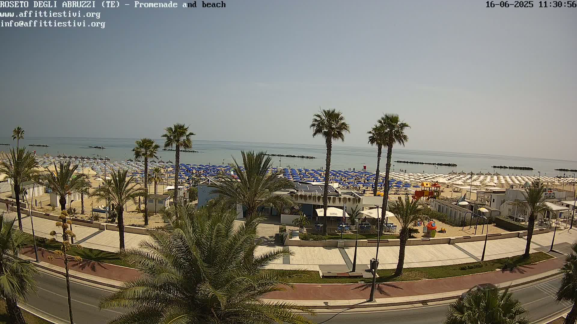 A sunny beach scene shows a promenade lined with palm trees overlooking a sandy beach crowded with umbrellas and beachgoers, under a clear sky.