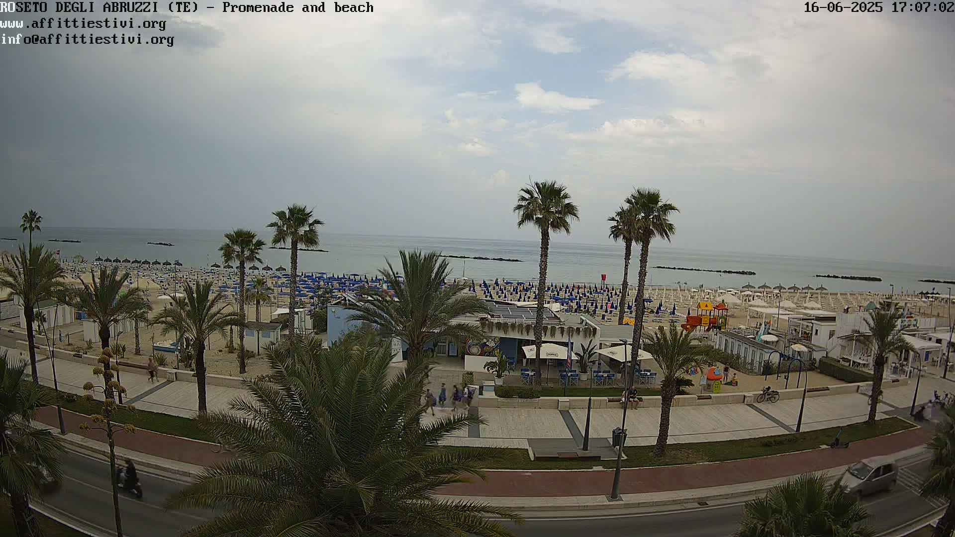 A beach with numerous umbrellas and people, palm trees lining a promenade next to a road, under a partly cloudy sky.