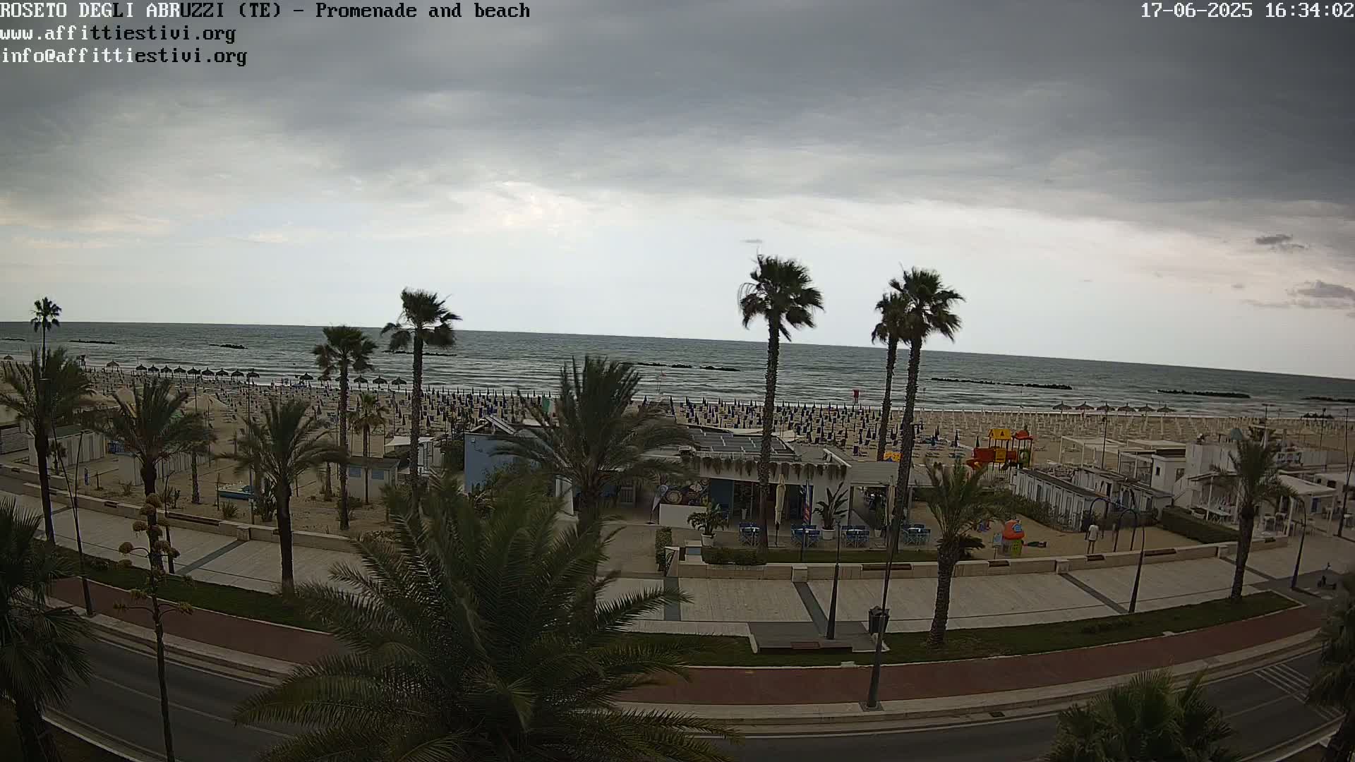 A beach with palm trees and beach umbrellas under an overcast sky is viewed from above, showing a paved promenade and road next to it.