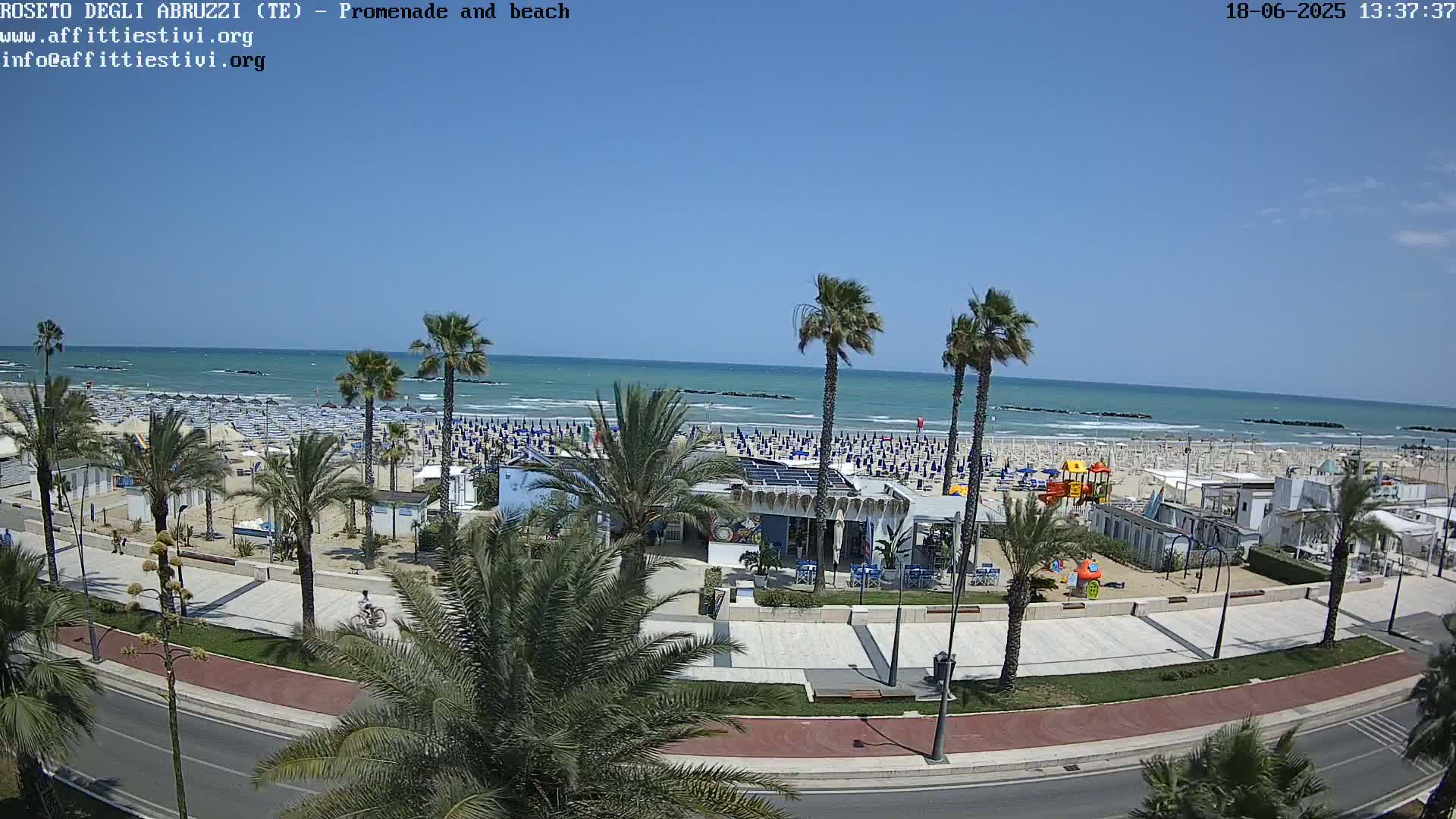 A sunny beach with numerous umbrellas and beachgoers, palm trees lining a promenade next to a road, and a calm ocean in the background.