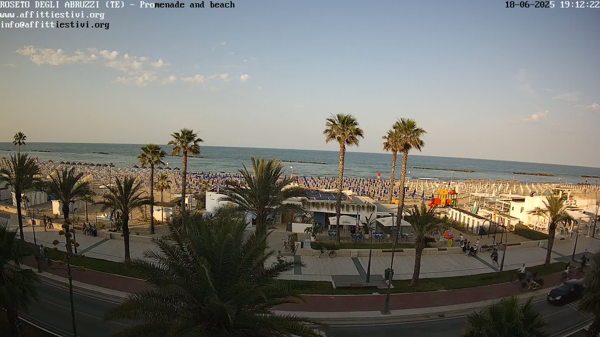 A beach with numerous umbrellas and beachgoers is seen from an elevated vantage point, under a mostly clear sky.