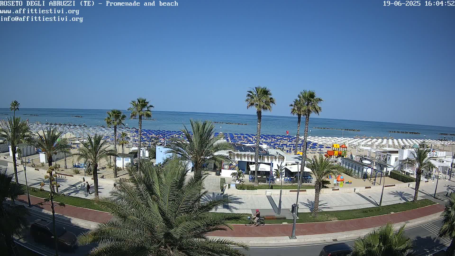 A sunny beach scene shows rows of beach umbrellas and lounge chairs, a promenade lined with palm trees, and a calm ocean under a clear blue sky.