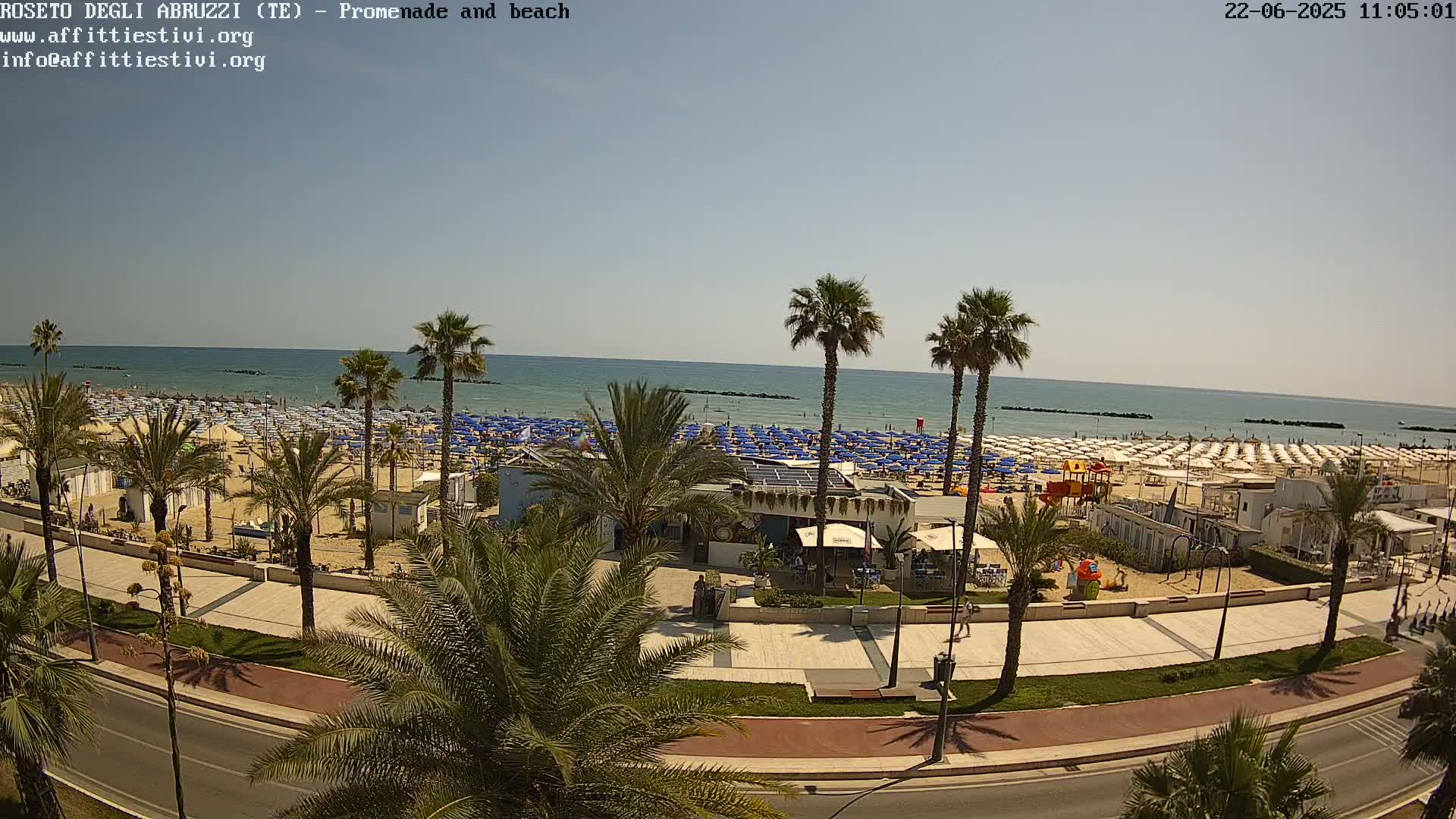 A beach with numerous blue umbrellas and palm trees lines a paved promenade next to a calm ocean under a clear sky.