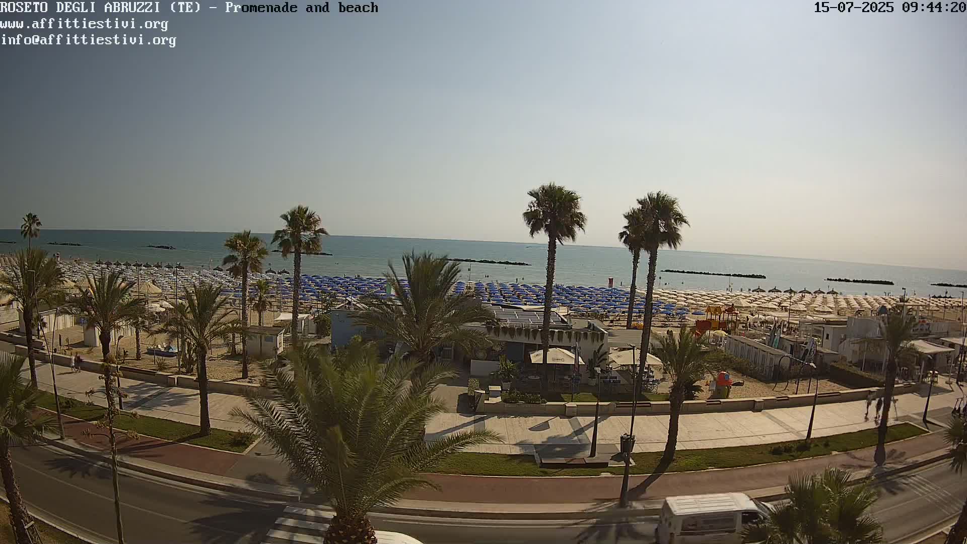 A sunny beach scene shows numerous beach umbrellas and palm trees lining a promenade next to a calm ocean.