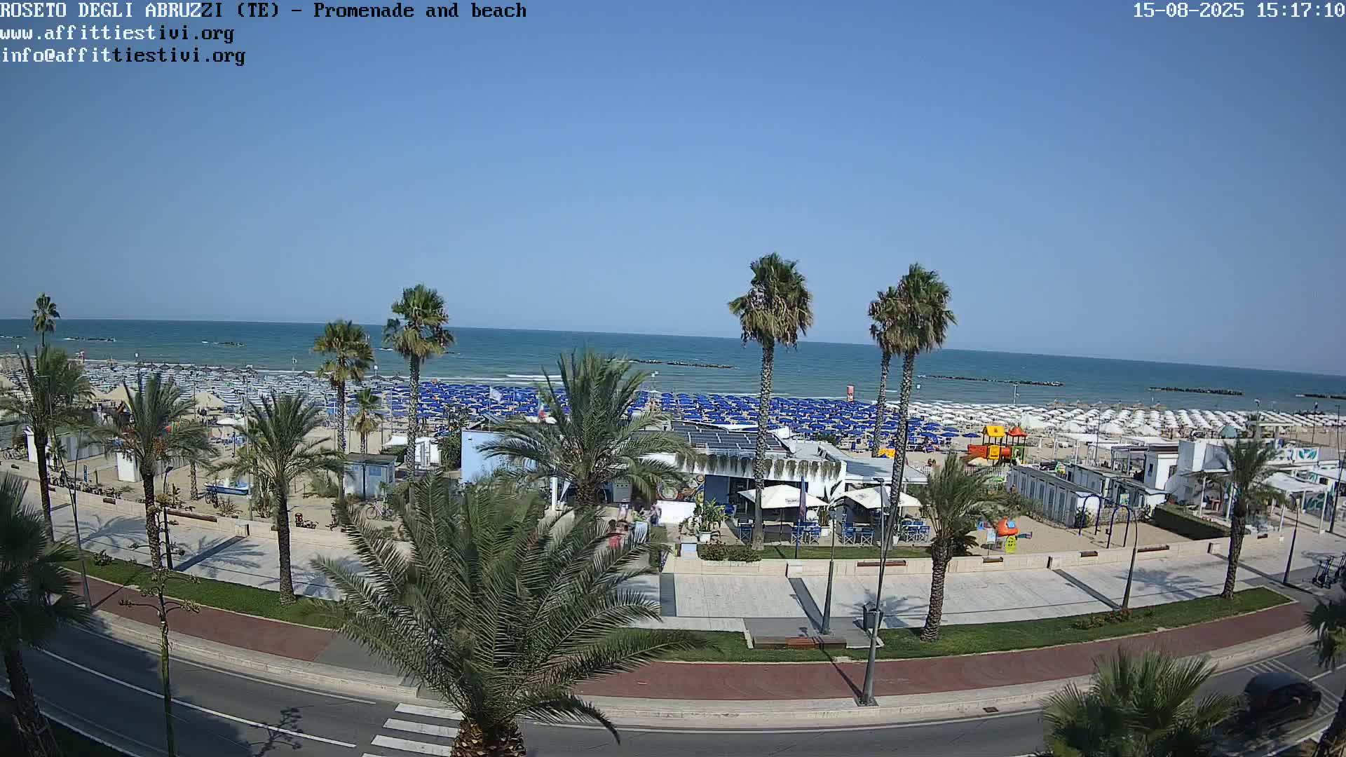 A beach with numerous blue and white umbrellas, palm trees lining a promenade, and a calm sea under a mostly clear sky.