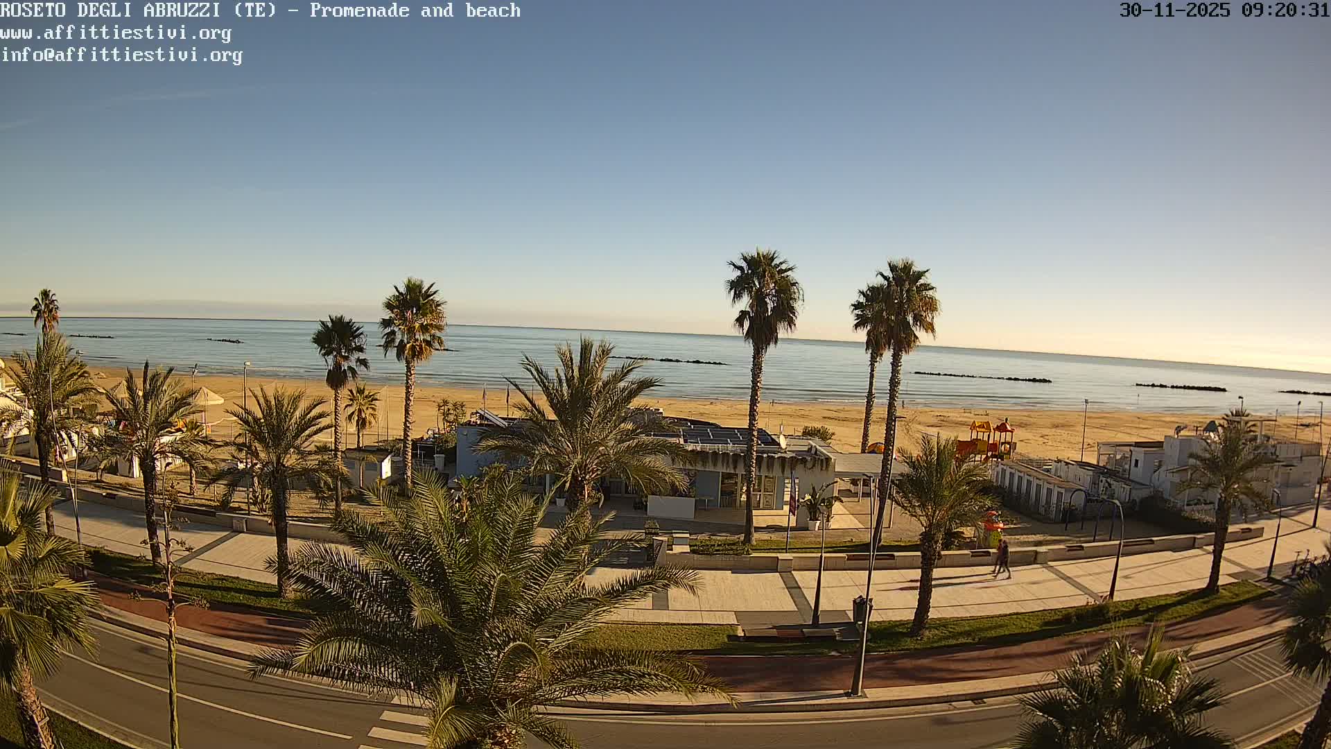 A sunny day with a clear blue sky illuminates a coastal scene featuring a sandy beach, calm sea, a promenade lined with numerous palm trees, and a road, with one person walking on the promenade.