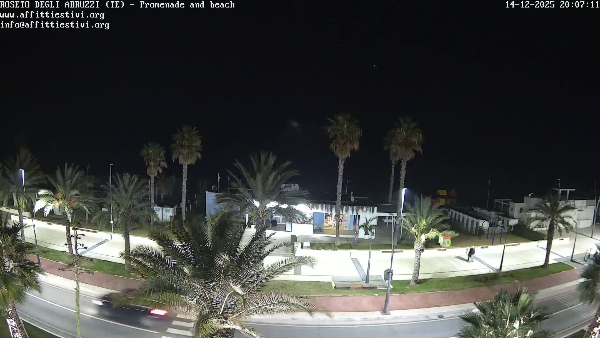 Under an overcast sky, a wide-angle view captures a coastal scene with a palm-lined promenade and road in the foreground, leading to a sandy beach dotted with buildings and a playground, all set against a calm, pale blue-green sea with distant breakwaters.