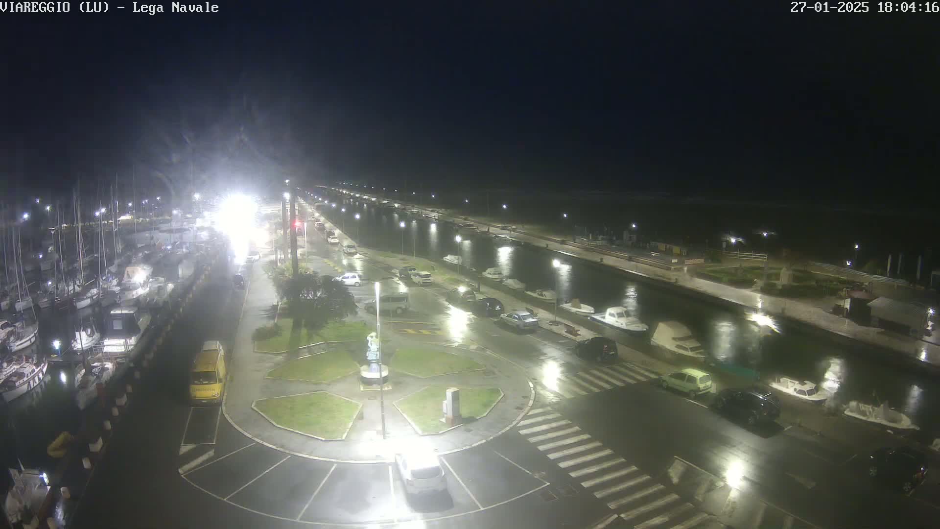 A nighttime, rain-slicked marina with parked cars and boats lining a canal, illuminated by streetlights.