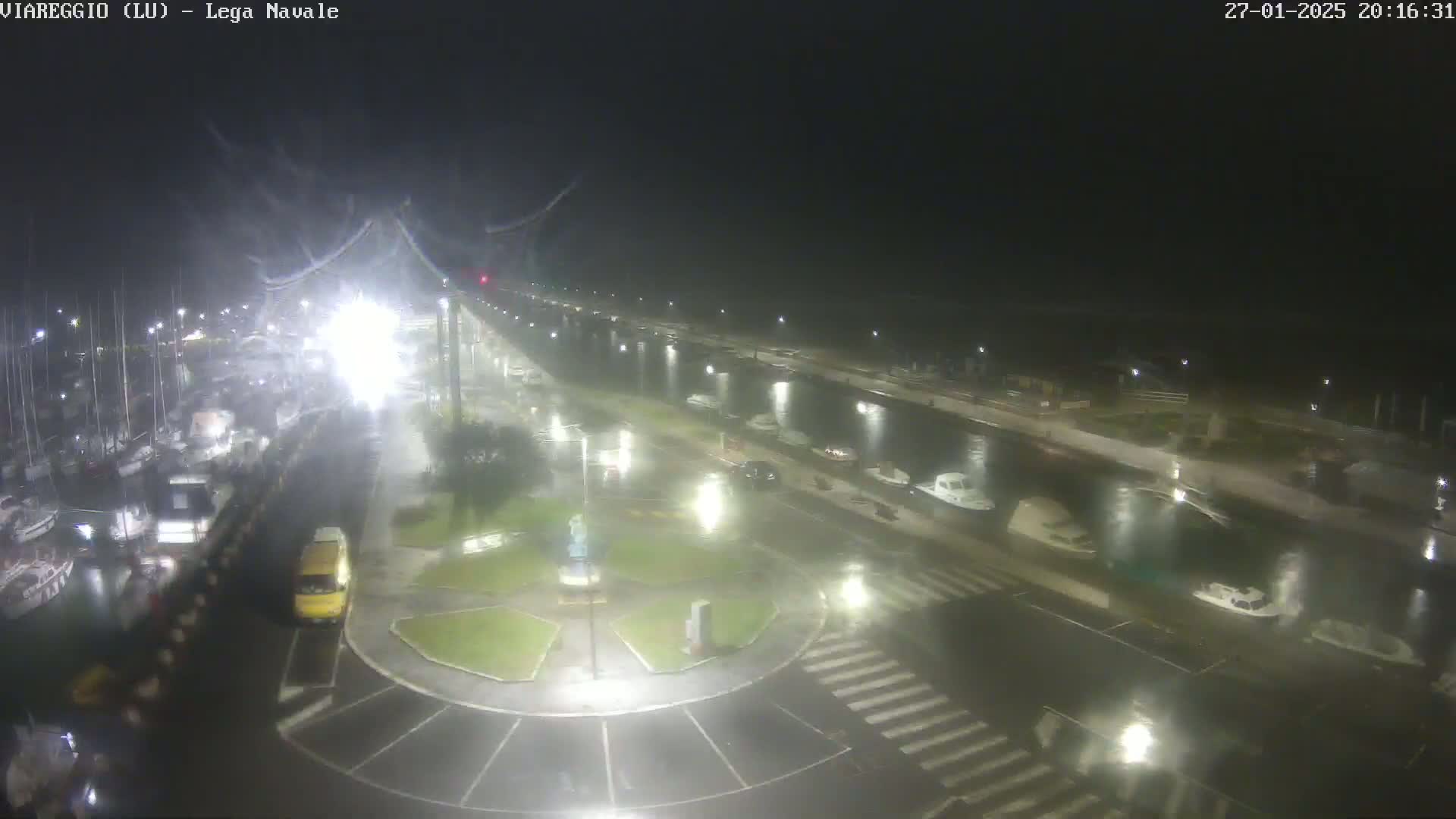 A nighttime, rain-slicked marina scene shows docked boats, a roadway, and a small roundabout, all illuminated by artificial light.