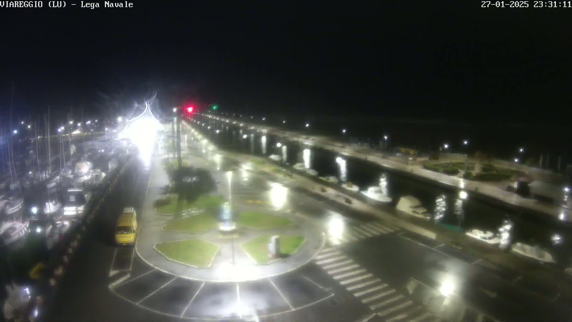 A rain-slicked marina at night, with boats moored along a pier and streetlights illuminating a wet roadway and small roundabout.