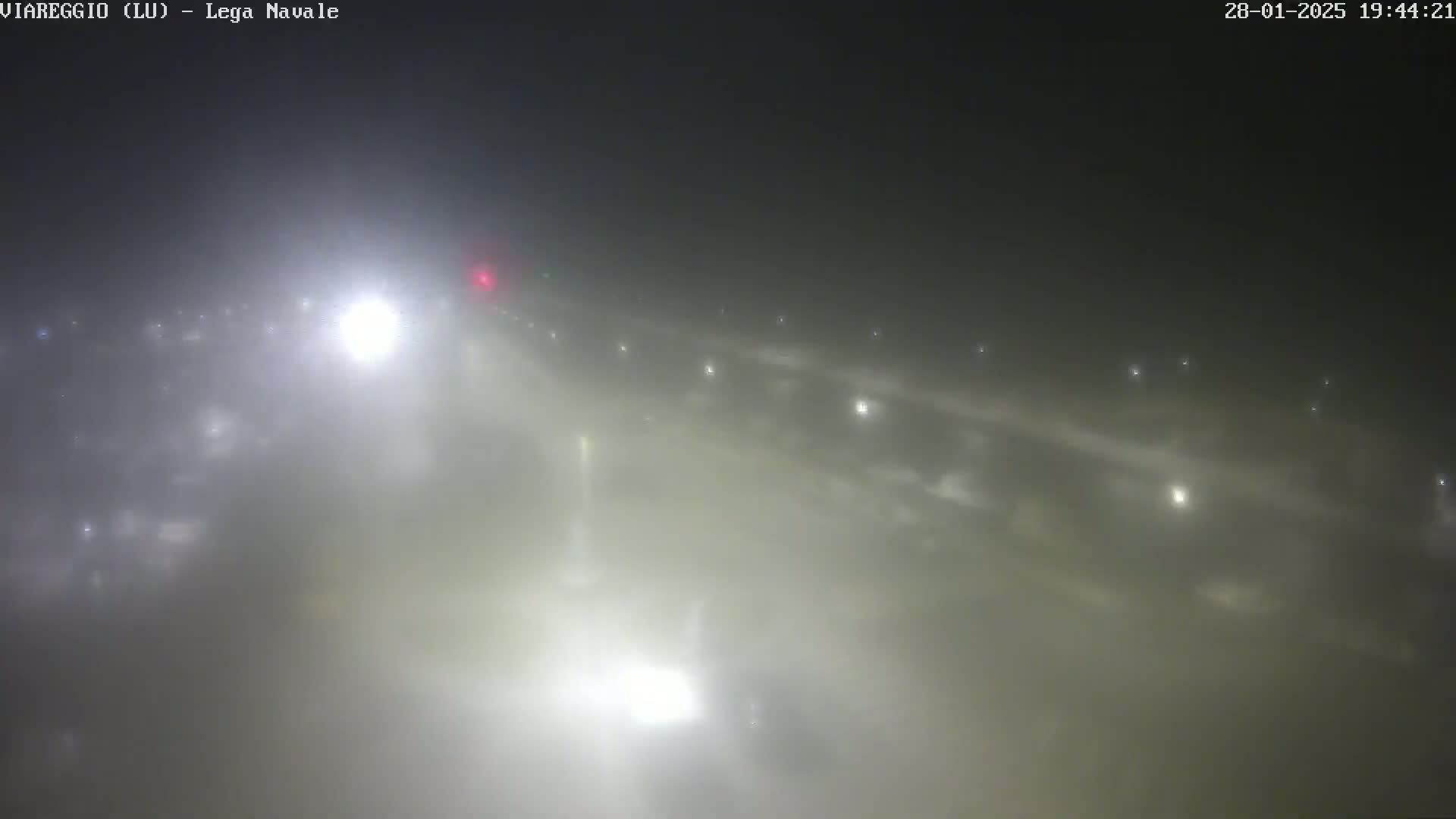 A nighttime, foggy view of a road with blurry lights from vehicles and streetlights.
