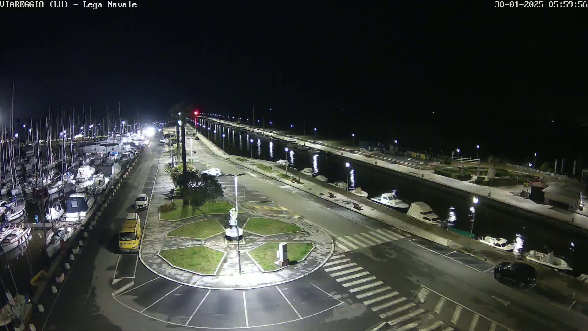 A nighttime view of a marina with docked boats and a paved area with cars, illuminated by streetlights.