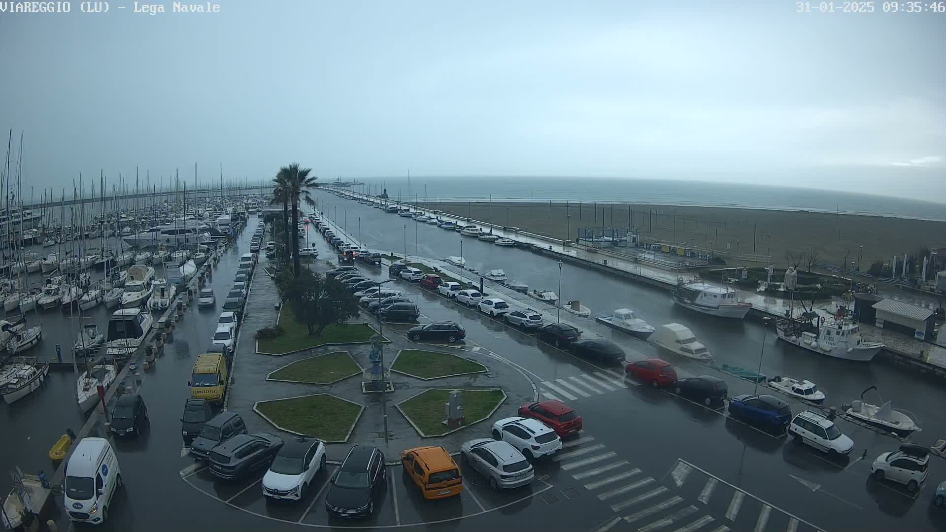 A marina filled with boats is partially flooded during a rainy day, with cars parked along the wet streets surrounding it and a beach visible in the distance.