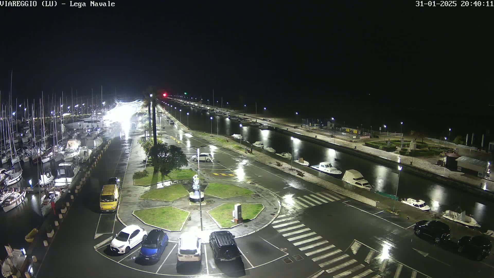 A nighttime, rain-slicked marina with numerous boats docked and cars parked in a lot, illuminated by streetlights.