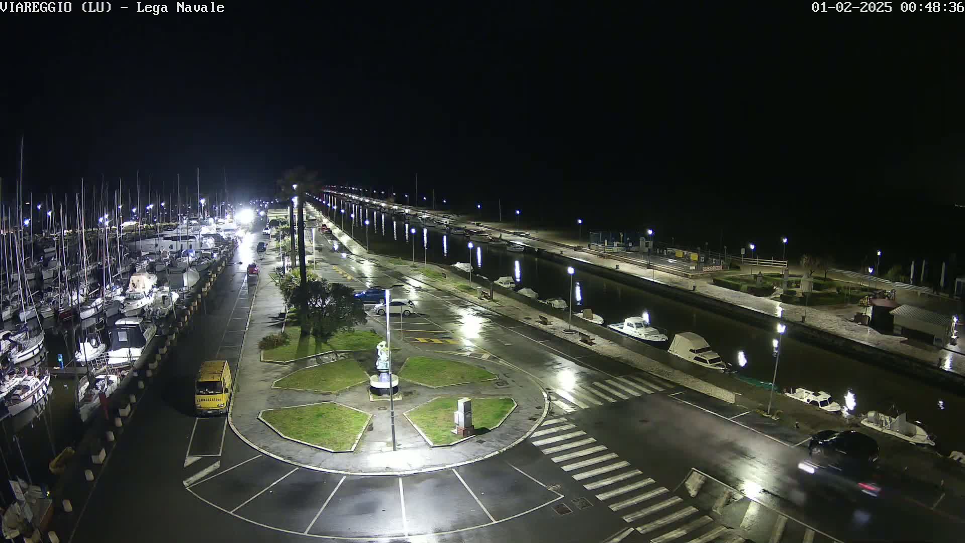 A nighttime, wet marina with numerous boats docked, a few cars in the parking lot, and a statue in a roundabout.