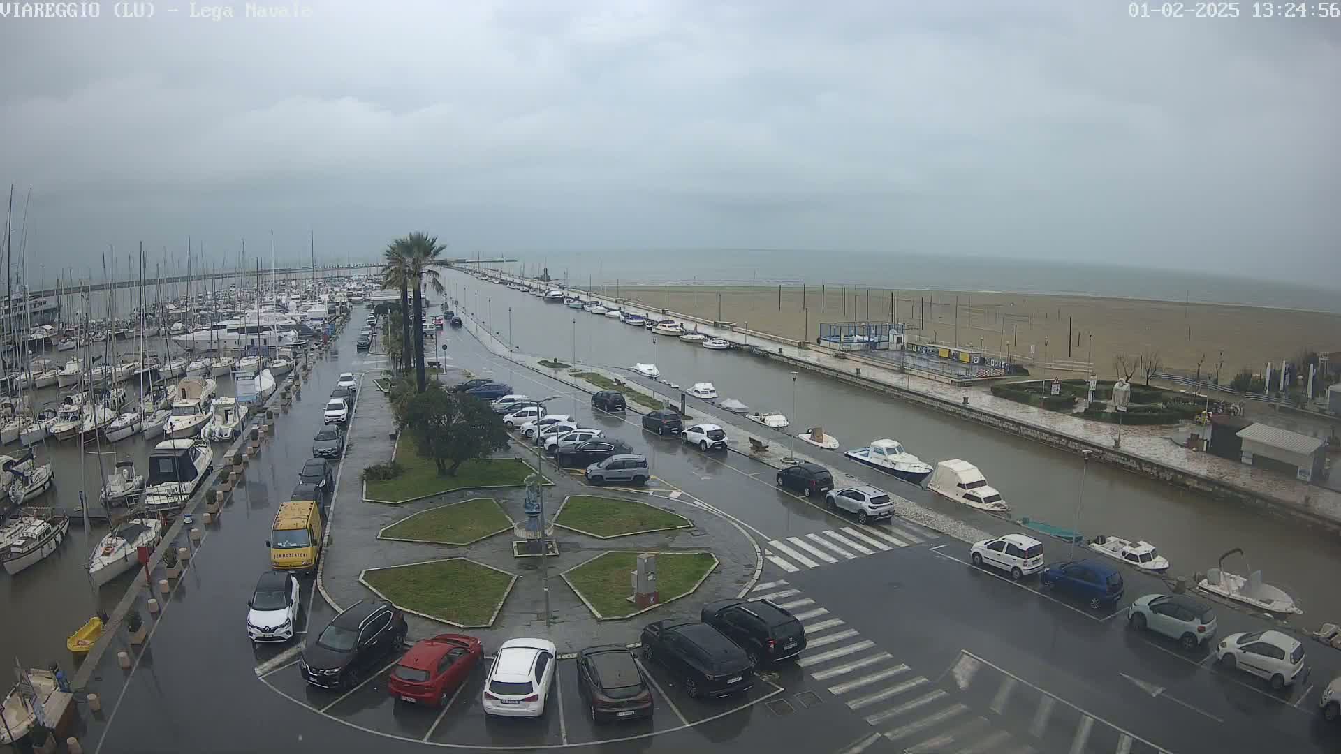 A marina with many boats is partially flooded, with rain-slicked streets and cars parked along the water's edge under an overcast sky.