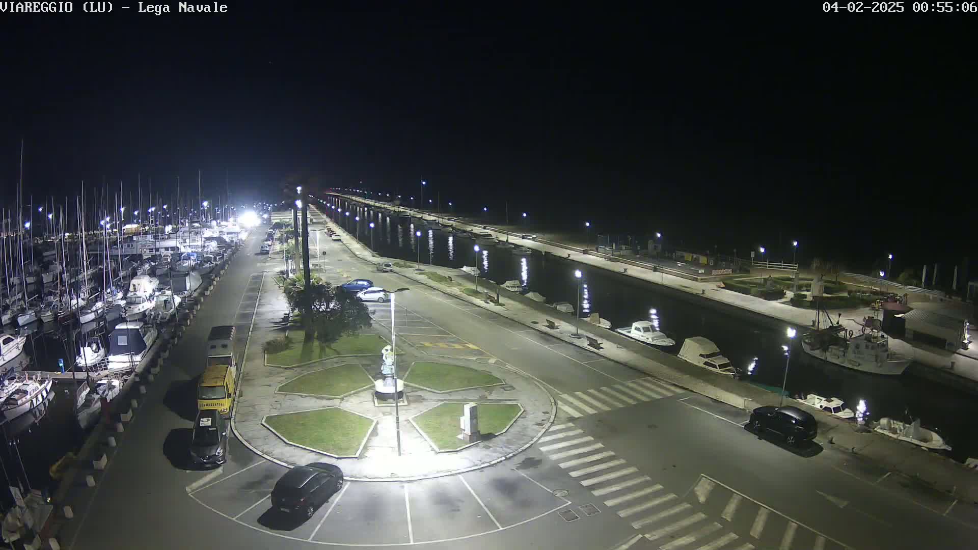 A nighttime, aerial view of a marina with many boats docked, a roadway with cars, and a central roundabout.