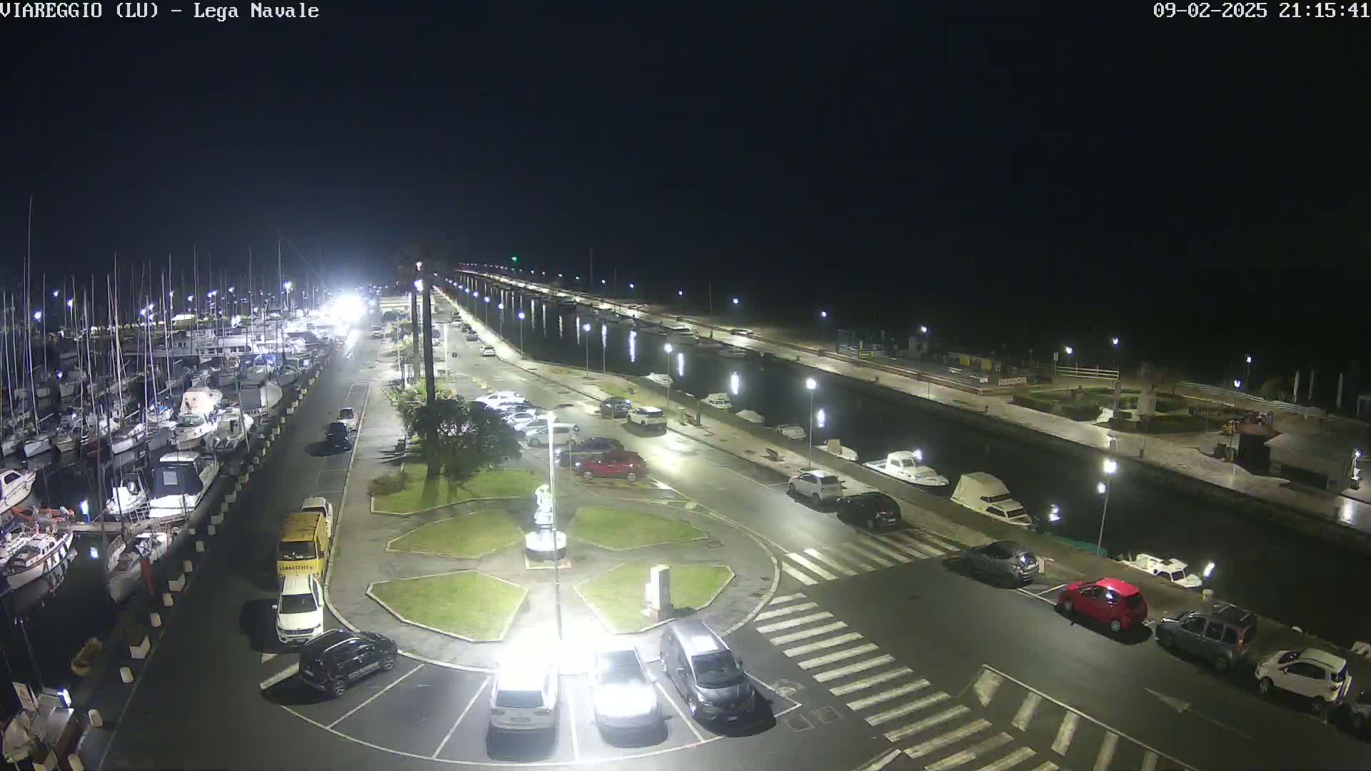 A nighttime view of a marina with numerous boats docked, a paved area with parked cars, and streetlights illuminating the scene.