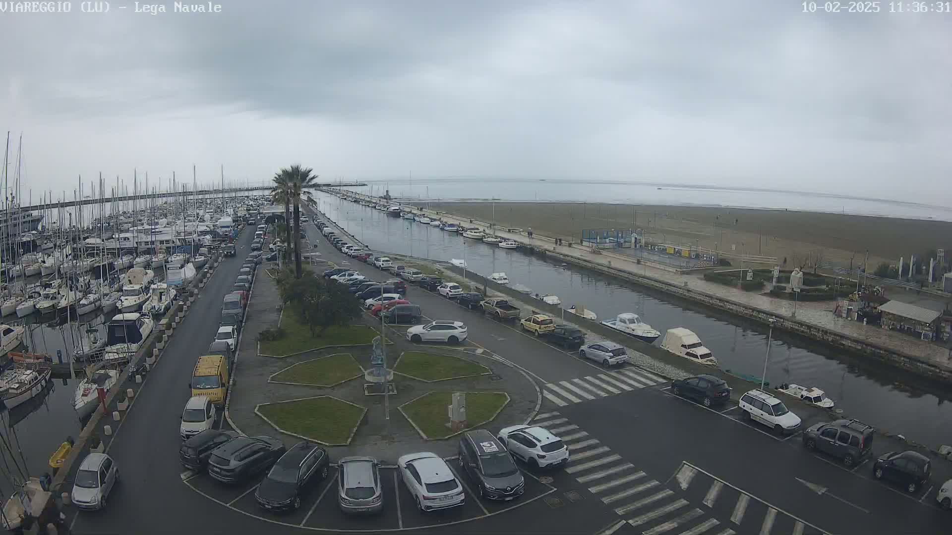 A marina filled with boats and surrounded by parked cars under an overcast sky.
