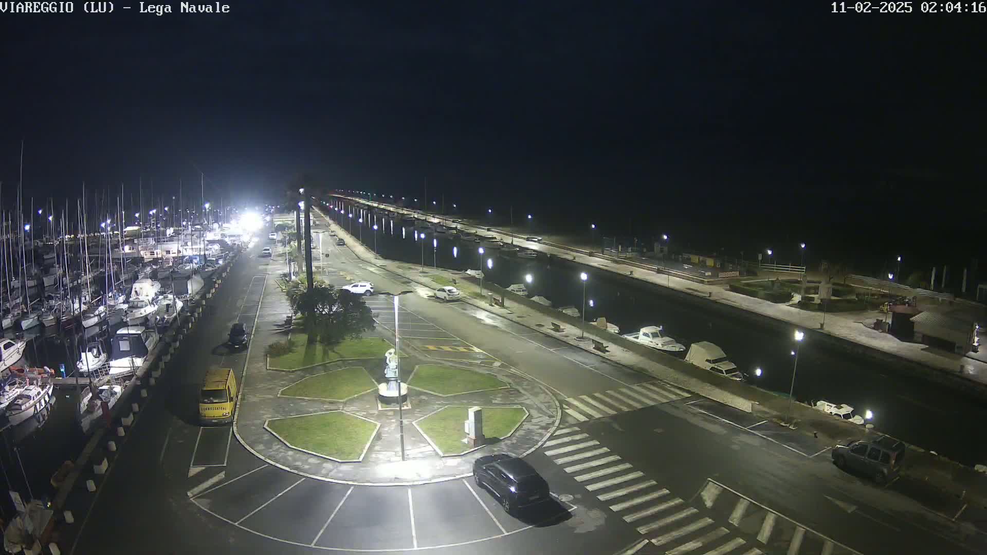 A nighttime aerial view of a marina with many boats docked, a roadway with cars, and a small, landscaped roundabout.