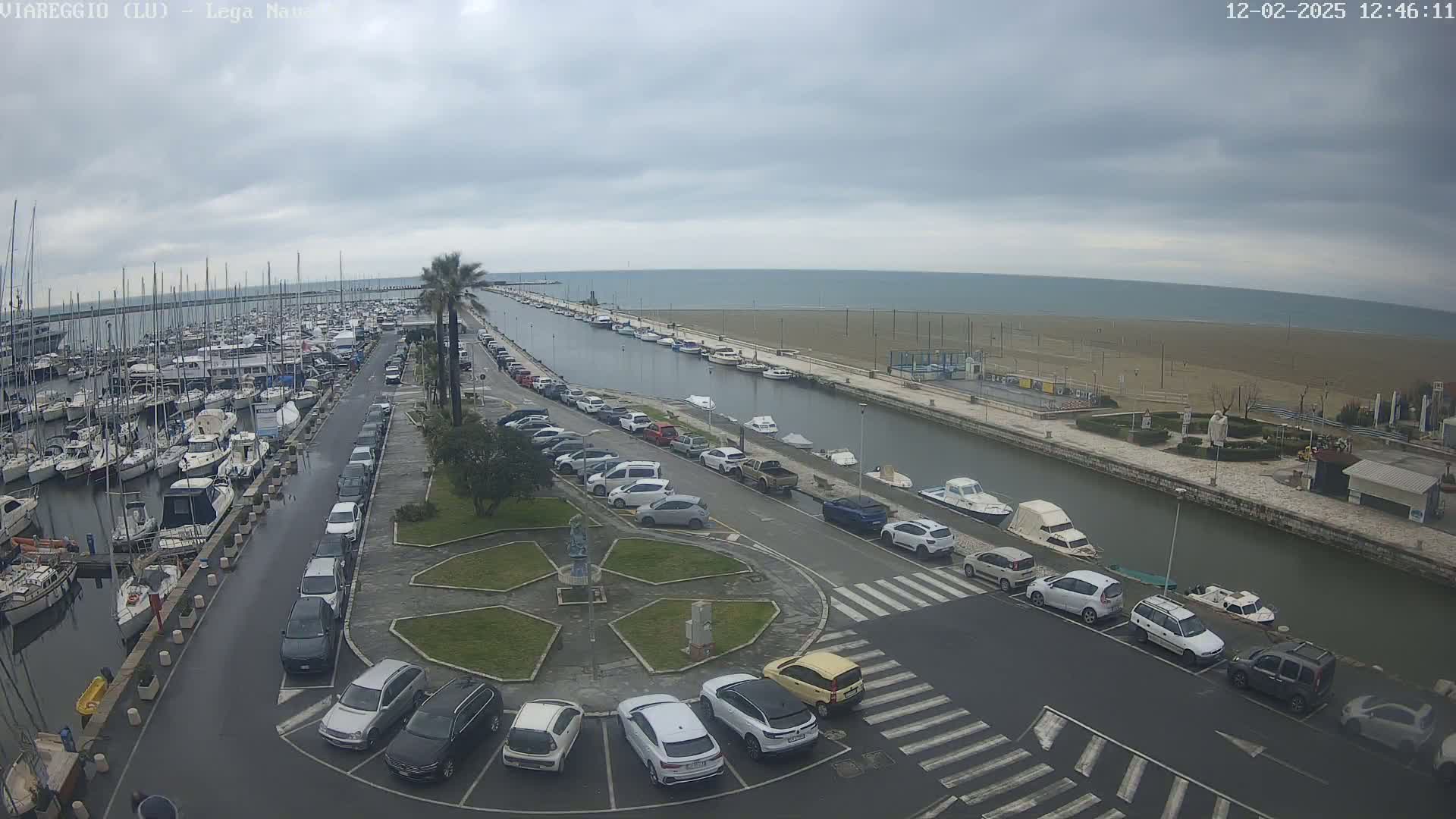 A harbor filled with boats is next to a canal with parked cars lining its sides, all under an overcast sky.