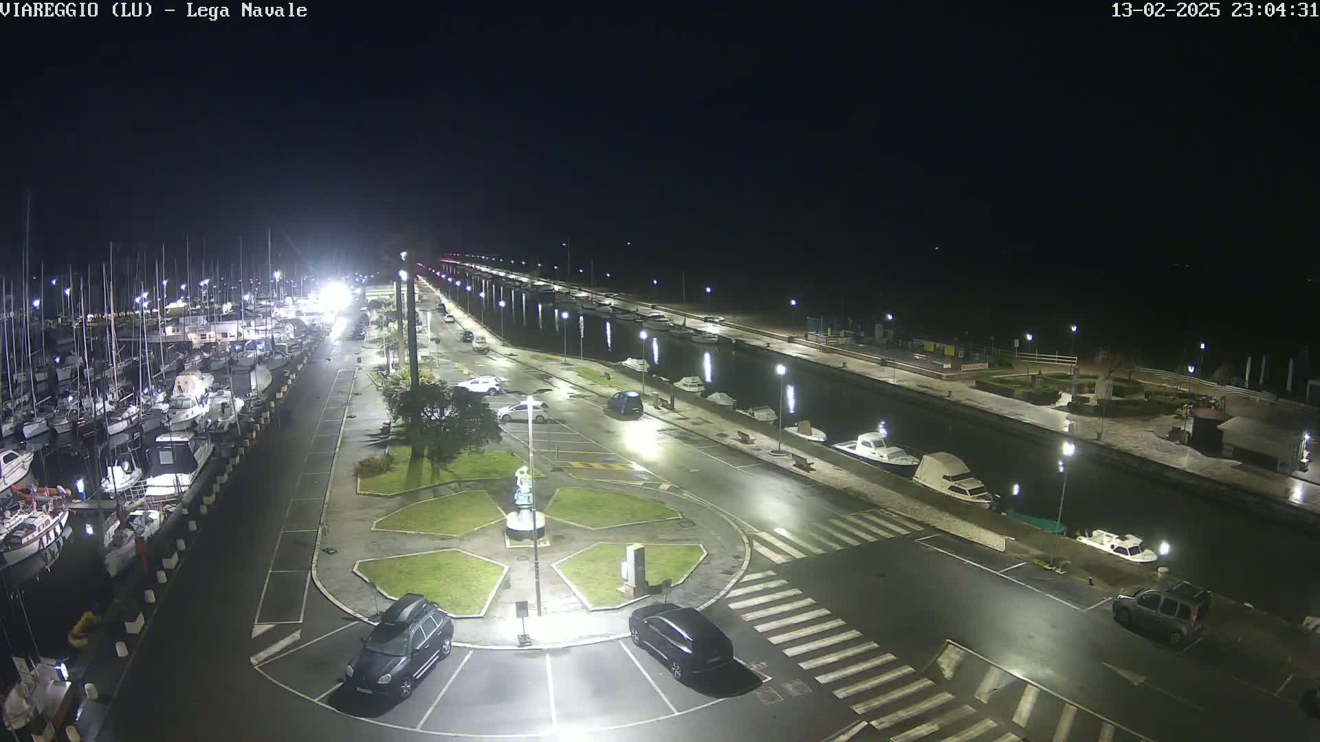 A nighttime view of a marina with many boats docked, a roadway with parked cars, and a circular plaza, all lit by streetlights in wet conditions.