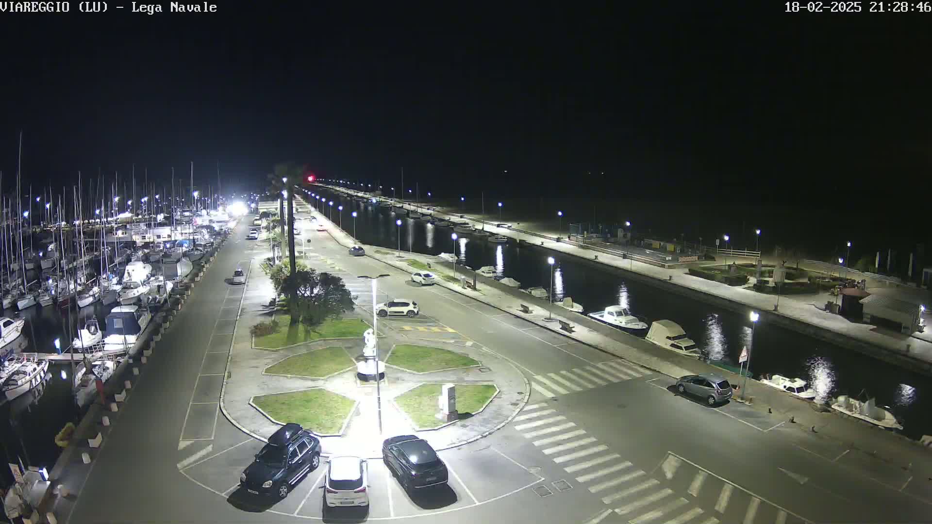 A nighttime aerial view of a marina with docked boats and cars parked along a waterfront road under clear skies.