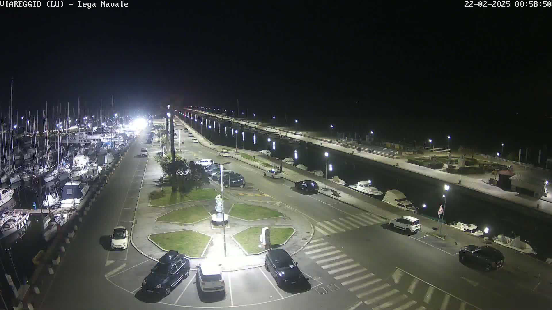 A nighttime aerial view of a marina with numerous boats docked alongside a paved area containing parked cars and a central roundabout.